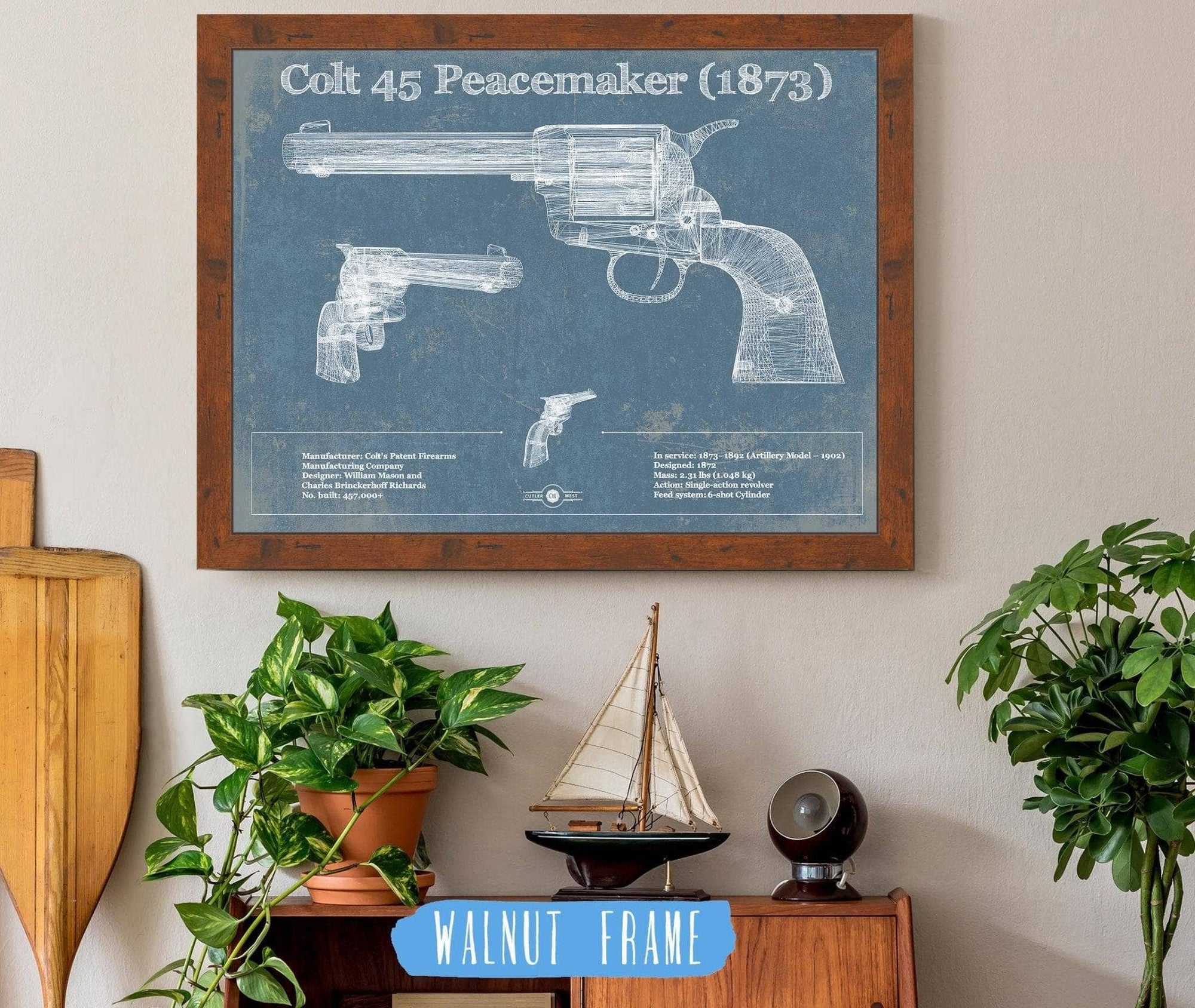 Cutler West Military Weapons Collection 14" x 11" / Walnut Frame Colt 45 Peacemaker 1873 Blueprint Vintage Gun Print 892159293_54152
