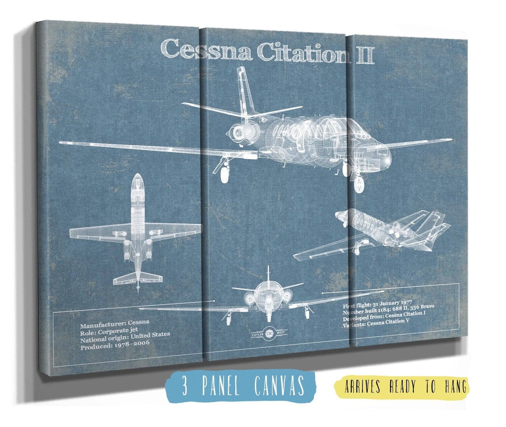 Cutler West Cessna Collection 48" x 32" / 3 Panel Canvas Wrap Cessna Citation CJ4 Vintage Blueprint Airplane Print 967647997_49909