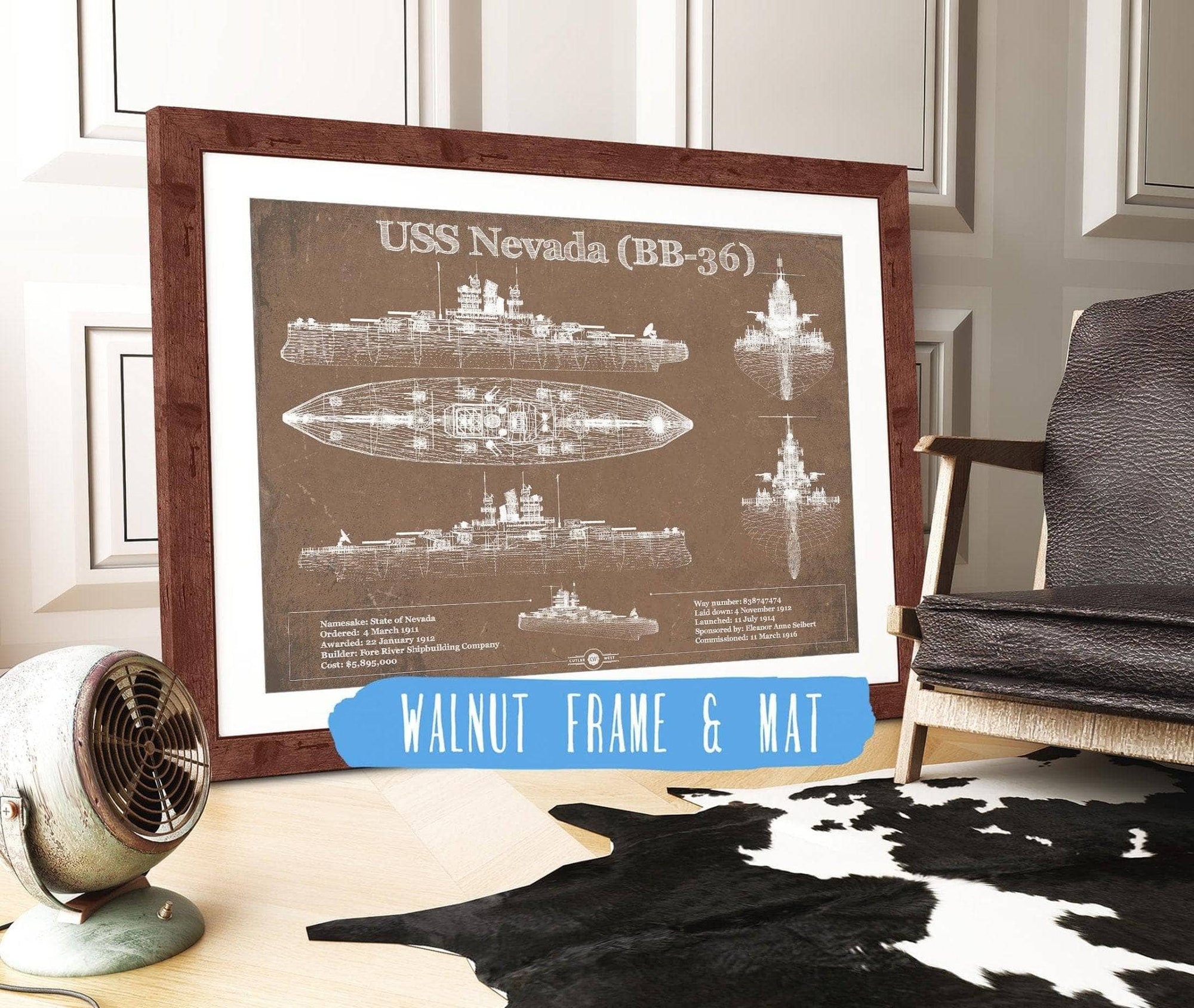 Cutler West Naval Military 14" x 11" / Walnut Frame & Mat USS Nevada (BB-36) Battleship Blueprint Original Military Wall Art - Customizable 933350082_27506