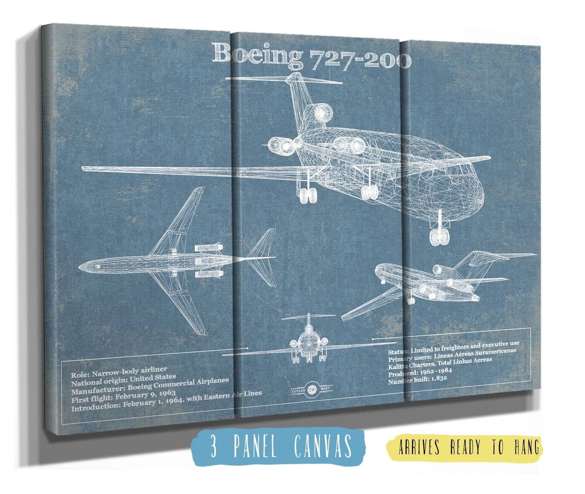 Cutler West 48" x 32" / 3 Panel Canvas Wrap Boeing 727-200 Vintage Aviation Blueprint Print - Custom Pilot Name Can Be Added 883686694-48"-x-32"48457