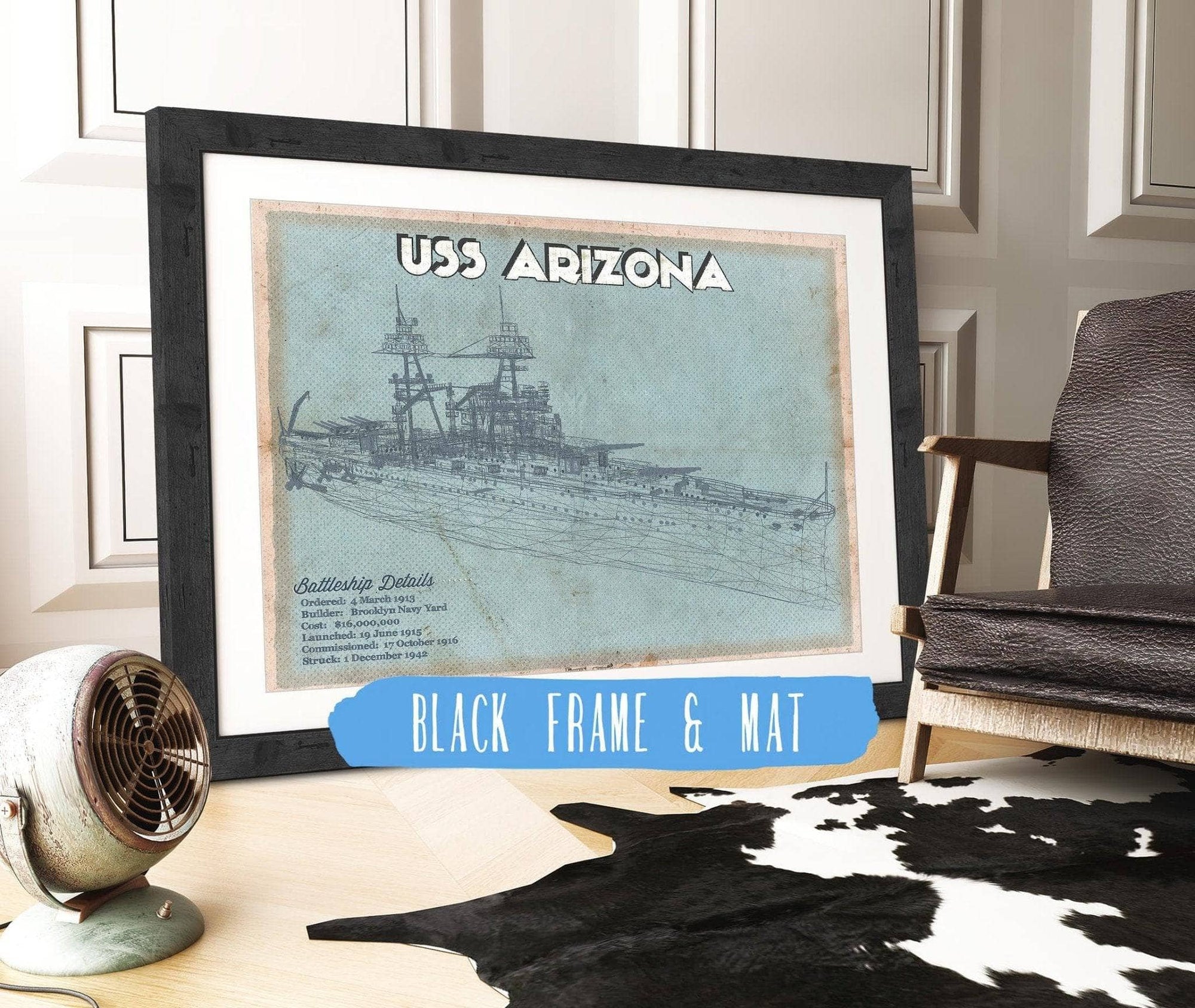 Cutler West Naval Military 14" x 11" / Black Frame & Mat USS Arizona WWII Battleship Blueprint Military Print 765892342_31712