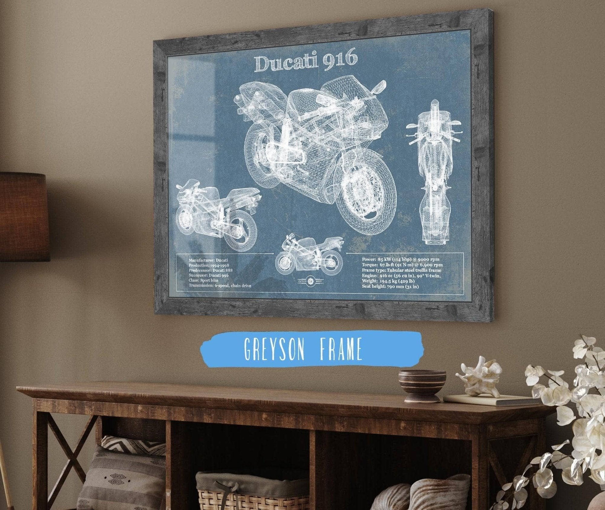 Cutler West 14" x 11" / Greyson Frame Ducati 916 Blueprint Motorcycle Patent Print 887772823_57918