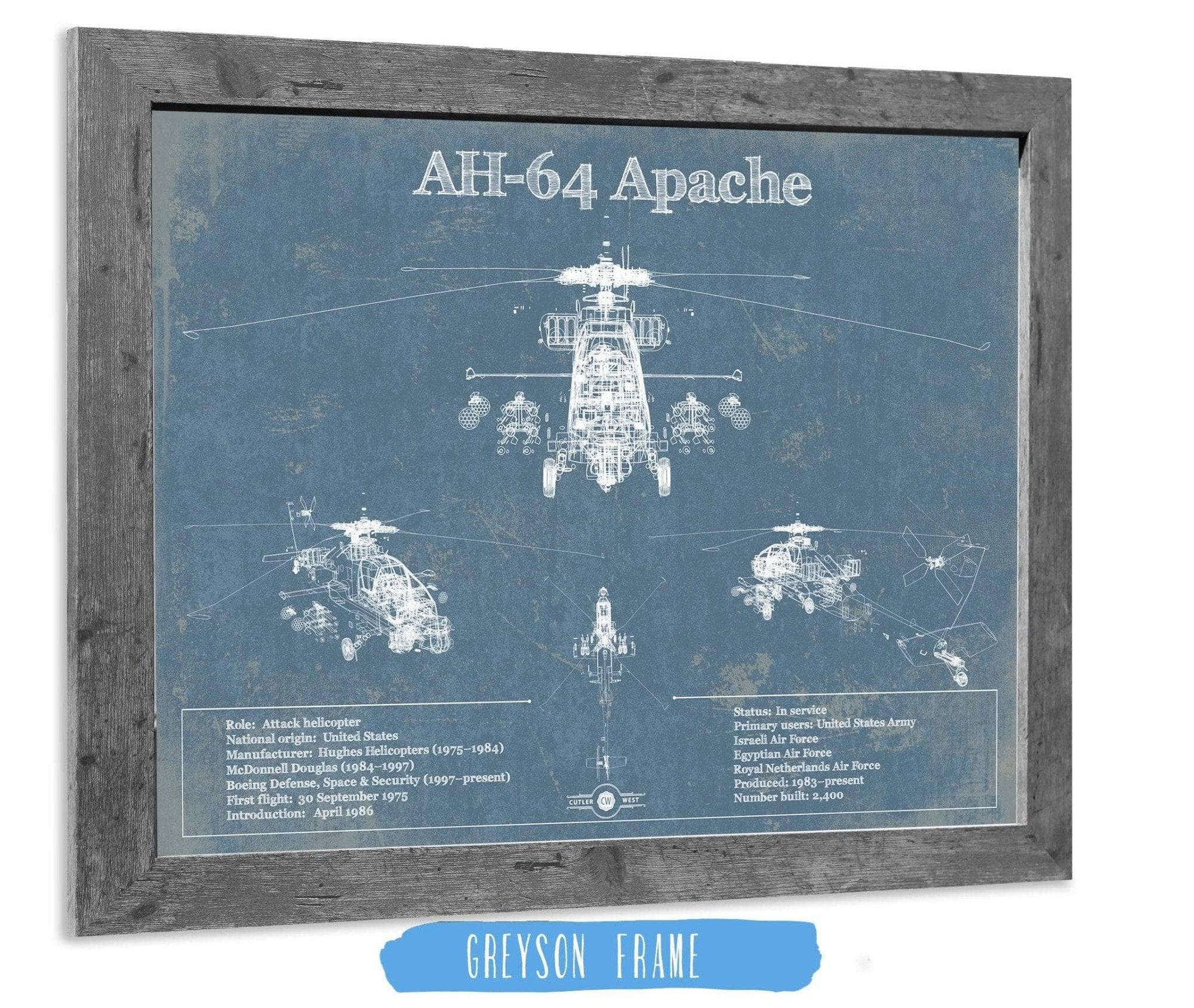 Cutler West Best Selling Collection 14" x 11" / Greyson Frame AH-64 Apache Helicopter Vintage Aviation Blueprint Military Print 797415875-TOP