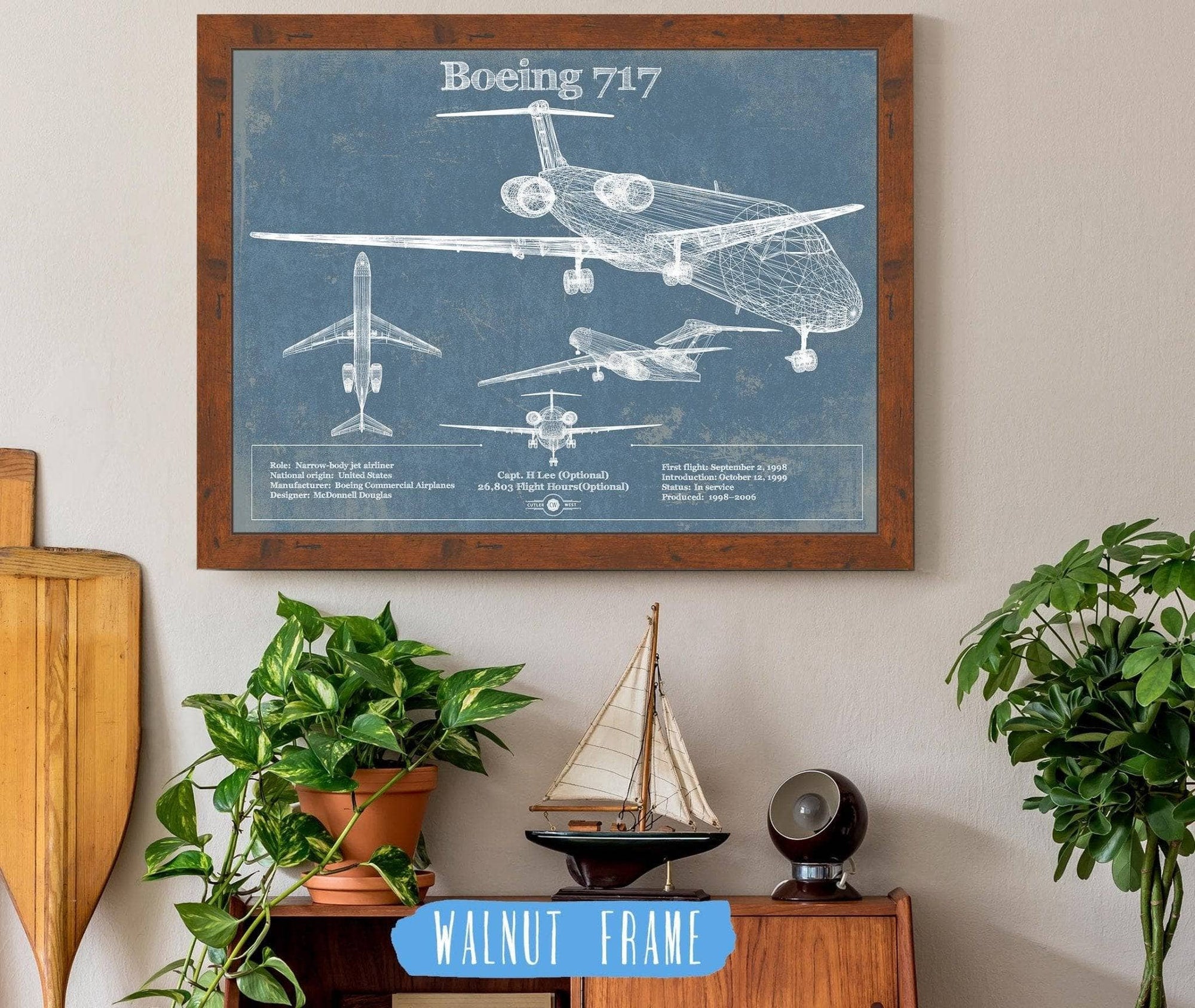 Cutler West Boeing Collection 14" x 11" / Walnut Frame Boeing 717 Vintage Aviation Blueprint Print - Custom Pilot Name Can Be Added 840189113_48476