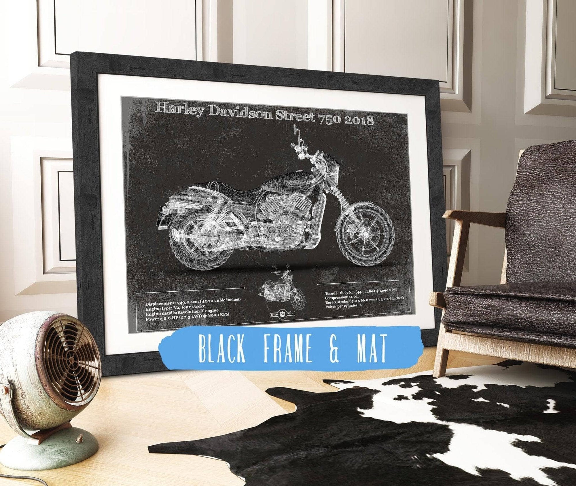 Cutler West 14" x 11" / Black Frame & Mat Harley-Davidson Street 750 2018 Motorcycle Patent Print 845000223_64248