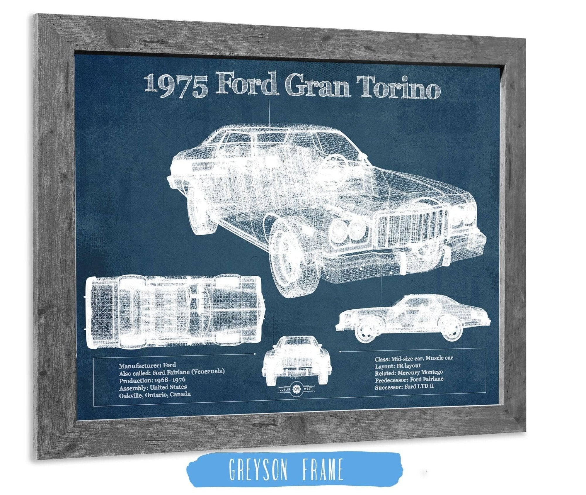 Cutler West Ford Collection 14" x 11" / Greyson Frame Ford Gran Torino 1975 Blueprint Vintage Auto Print 933350038_41550