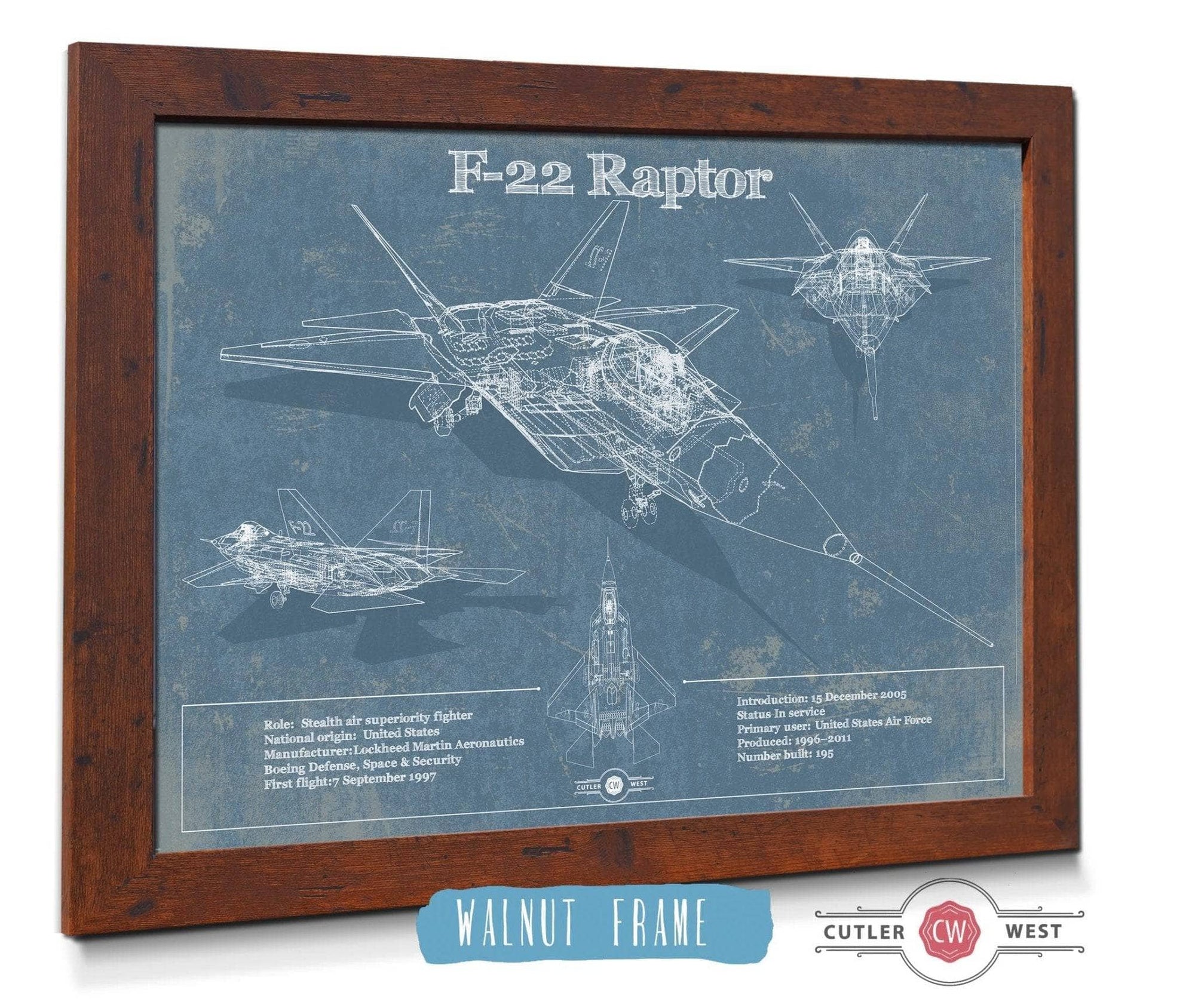 Cutler West Best Selling Collection F-22 Raptor Aviation Blueprint Military Print - Custom Name and Squadron Text