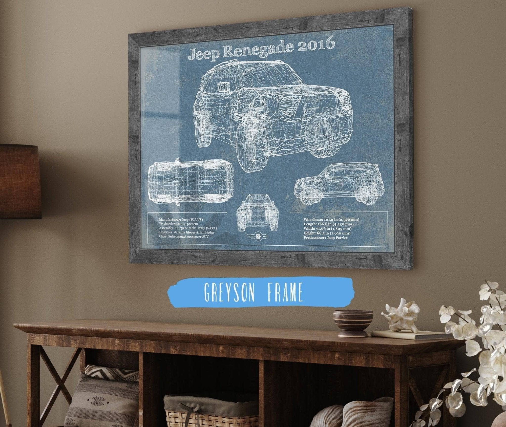 Cutler West Vehicle Collection Jeep Renegade 2016 Blueprint Vintage Auto Print