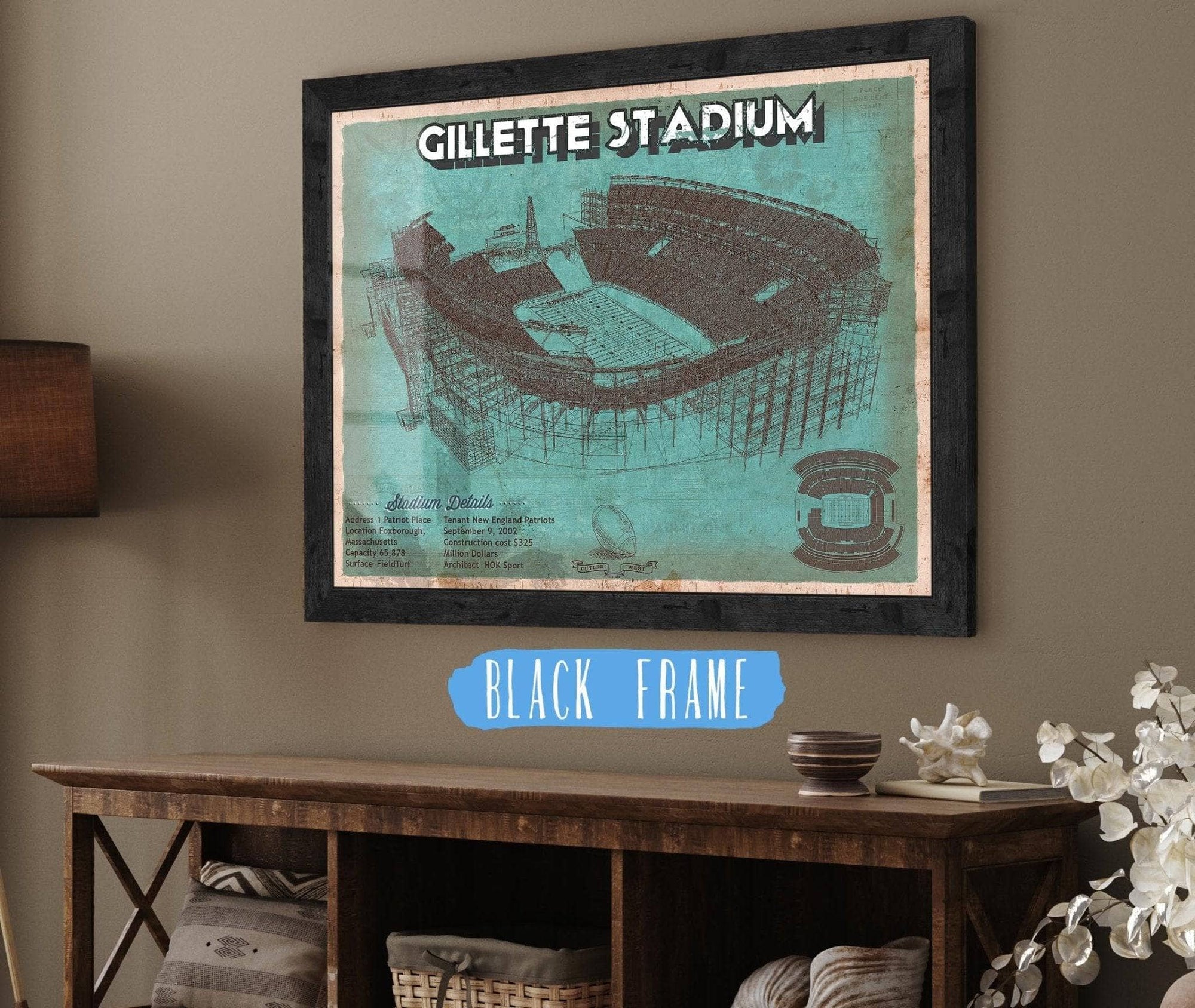 Cutler West Pro Football Collection 14" x 11" / Black Frame New England Patriots Gillette Stadium Seating Chart - Vintage Football Team Color Print 692087079_63455