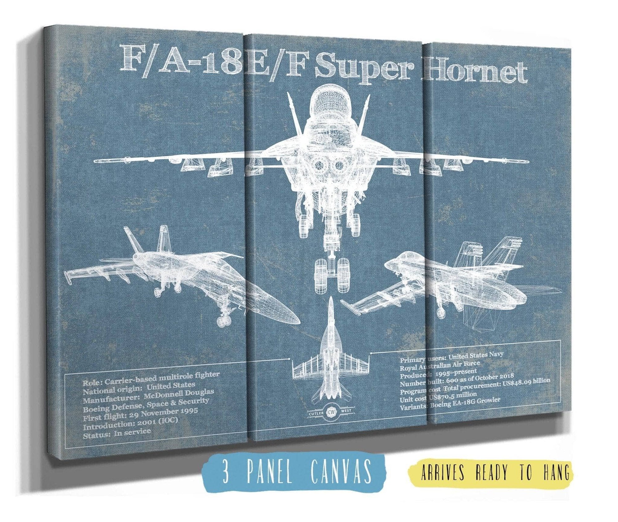Cutler West Military Aircraft 48" x 32" / 3 Panel Canvas Wrap F/A-18F Super Hornet Patent Blueprint Original Military Wall Art 794460857-TOP