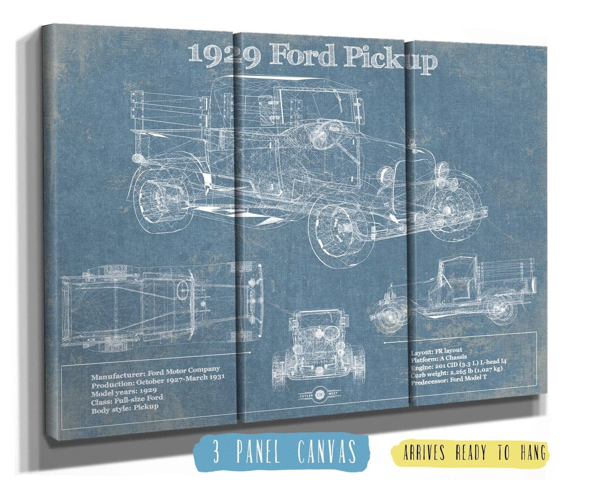 Cutler West Ford Collection 48" x 32" / 3 Panel Canvas Wrap 1929 Ford Model A Pickup Vintage Blueprint Auto Print 933311040_33014