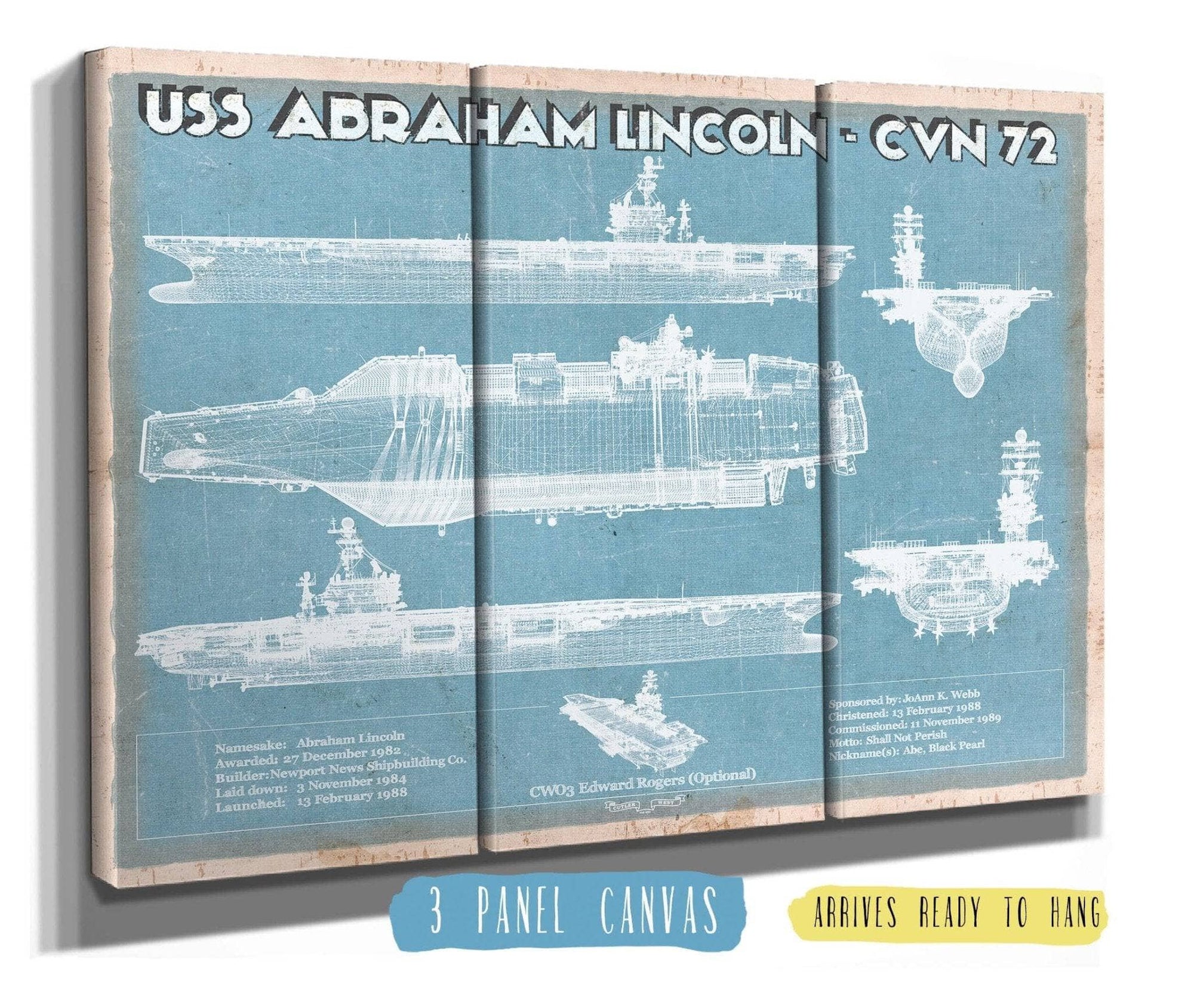 Cutler West Naval Military 48" x 32" / 3 Panel Canvas Wrap USS Abraham Lincoln (CVN 72) Aircraft Carrier Blueprint Original Military Wall Art - Customizable 835000057_26298