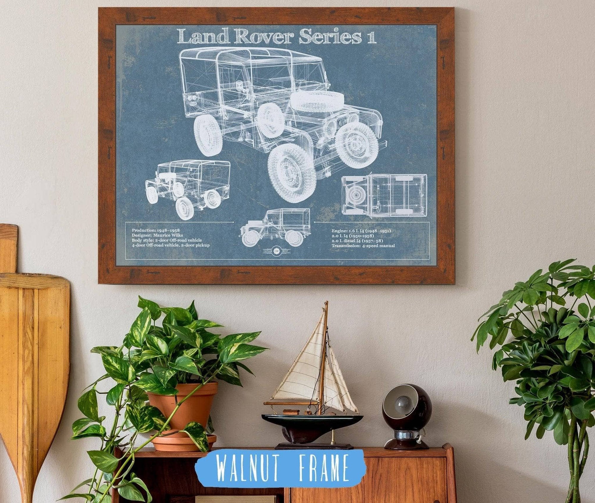 Cutler West Land Rover Collection 14" x 11" / Walnut Frame Land Rover Series 1 Blueprint Vintage Auto Patent Print 814256170_65569