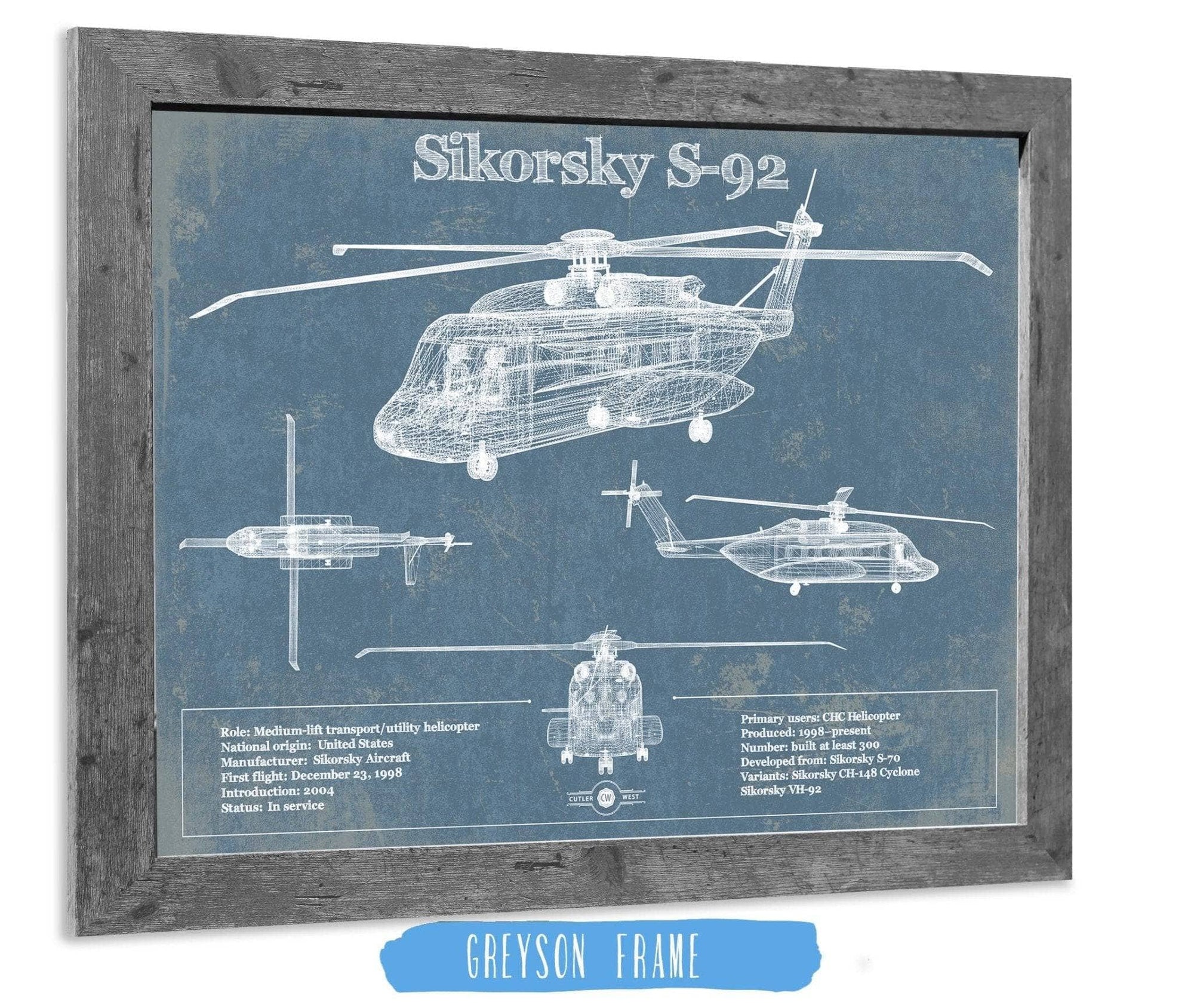Cutler West Military Aircraft 14" x 11" / Greyson Frame Sikorsky S-92 Helicopter Vintage Aviation Blueprint Military Print 833110073_19853