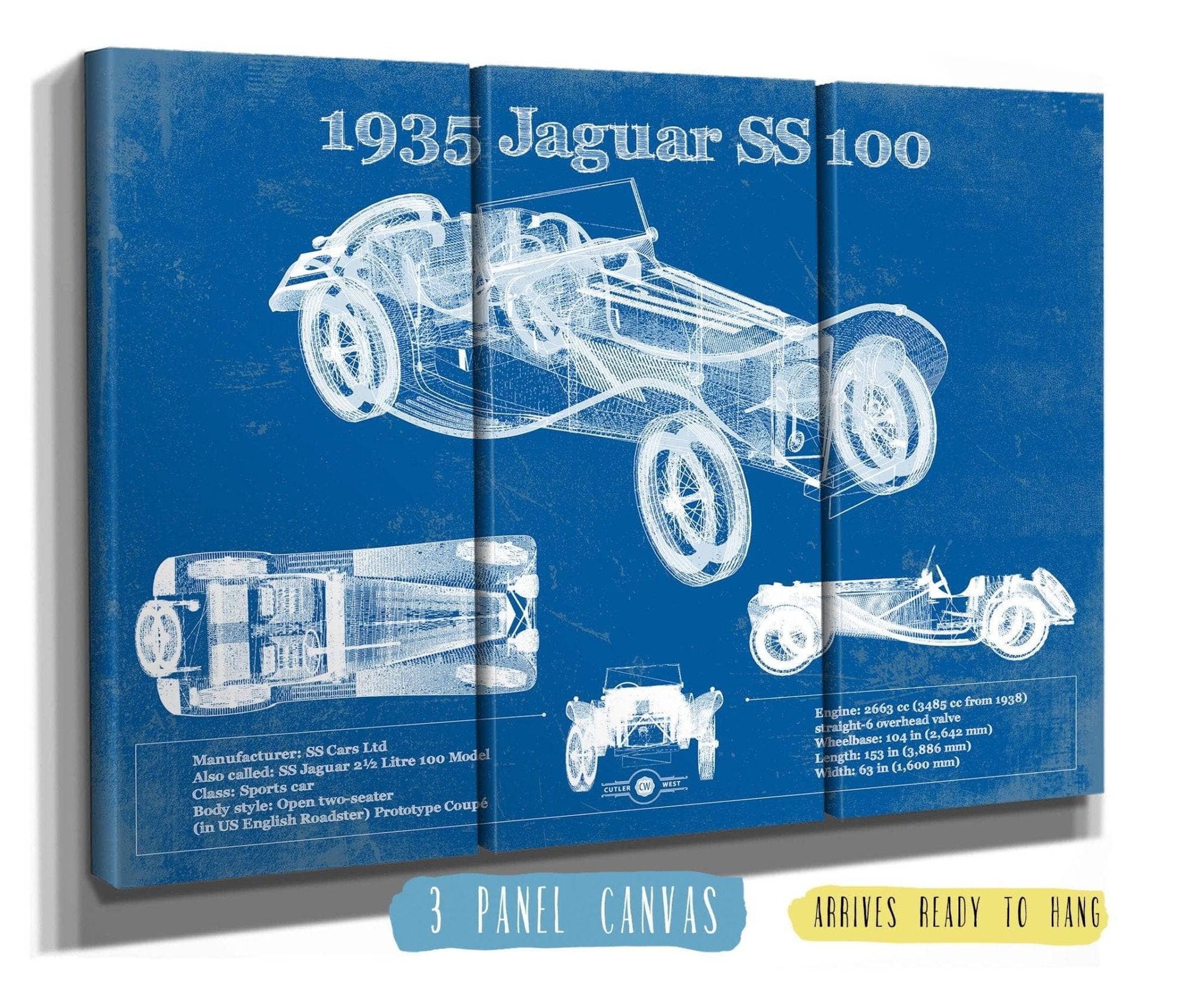 Cutler West Jaguar Collection 48" x 32" / 3 Panel Canvas Wrap 1935 Jaguar SS 100 Blueprint Vintage Auto Print 933350049_22800