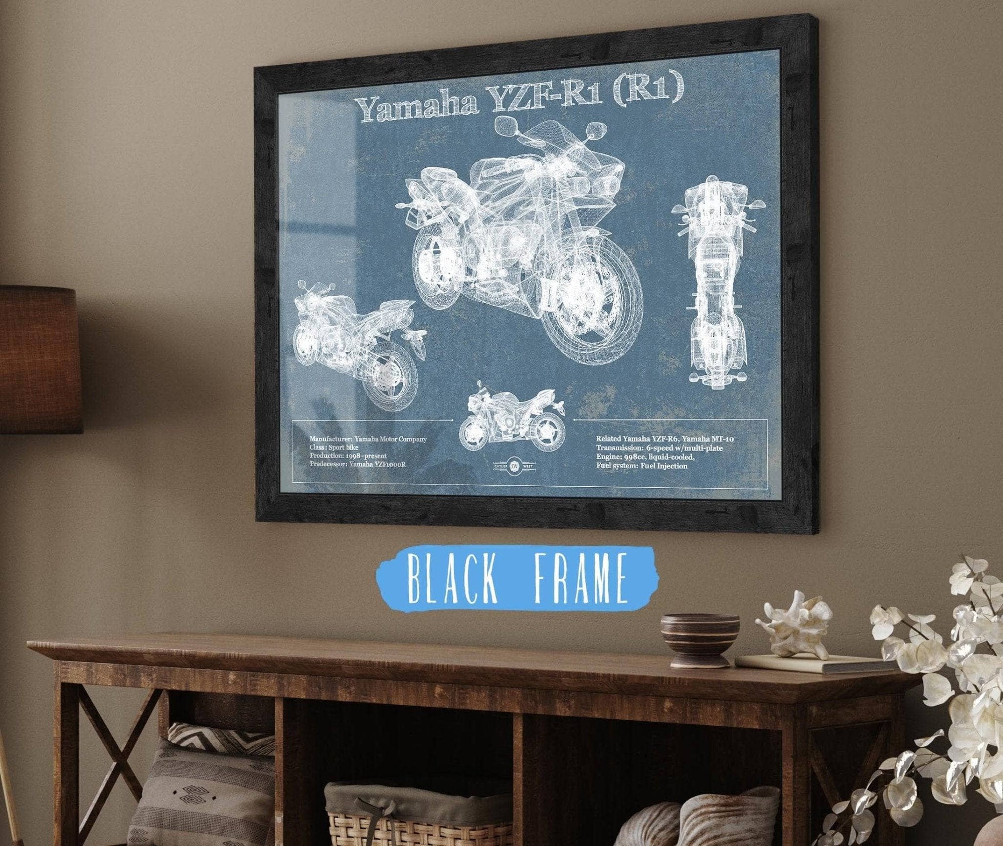 Cutler West 14" x 11" / Black Frame Yamaha YZF-R1 (R1) Blueprint Motorcycle Patent Print 888114587-14"-x-11"5276
