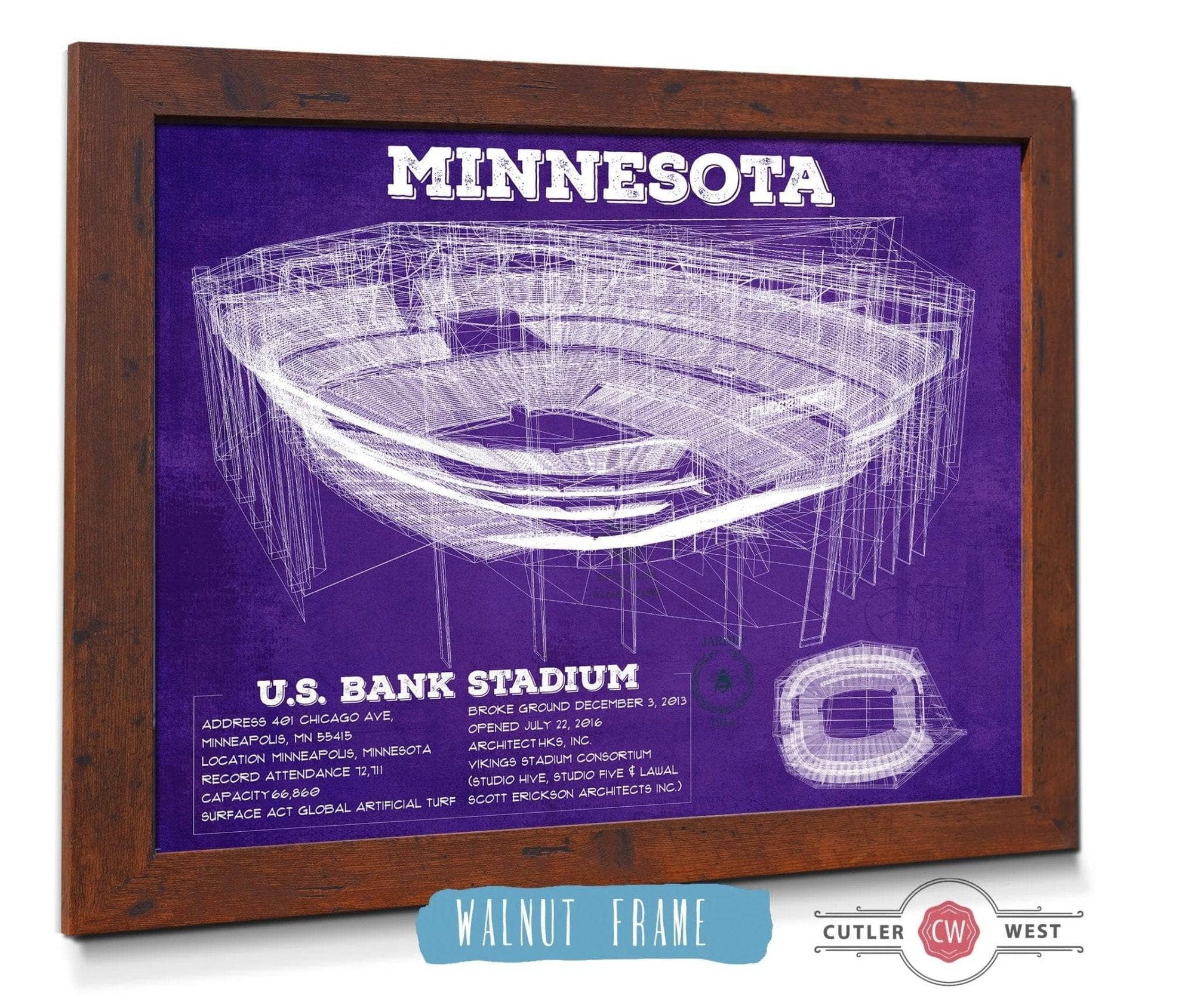 Cutler West 14" x 11" / Walnut Frame Vintage Minnesota Vikings US Bank Stadium Wall Art 782688129-14"-x-11"72542