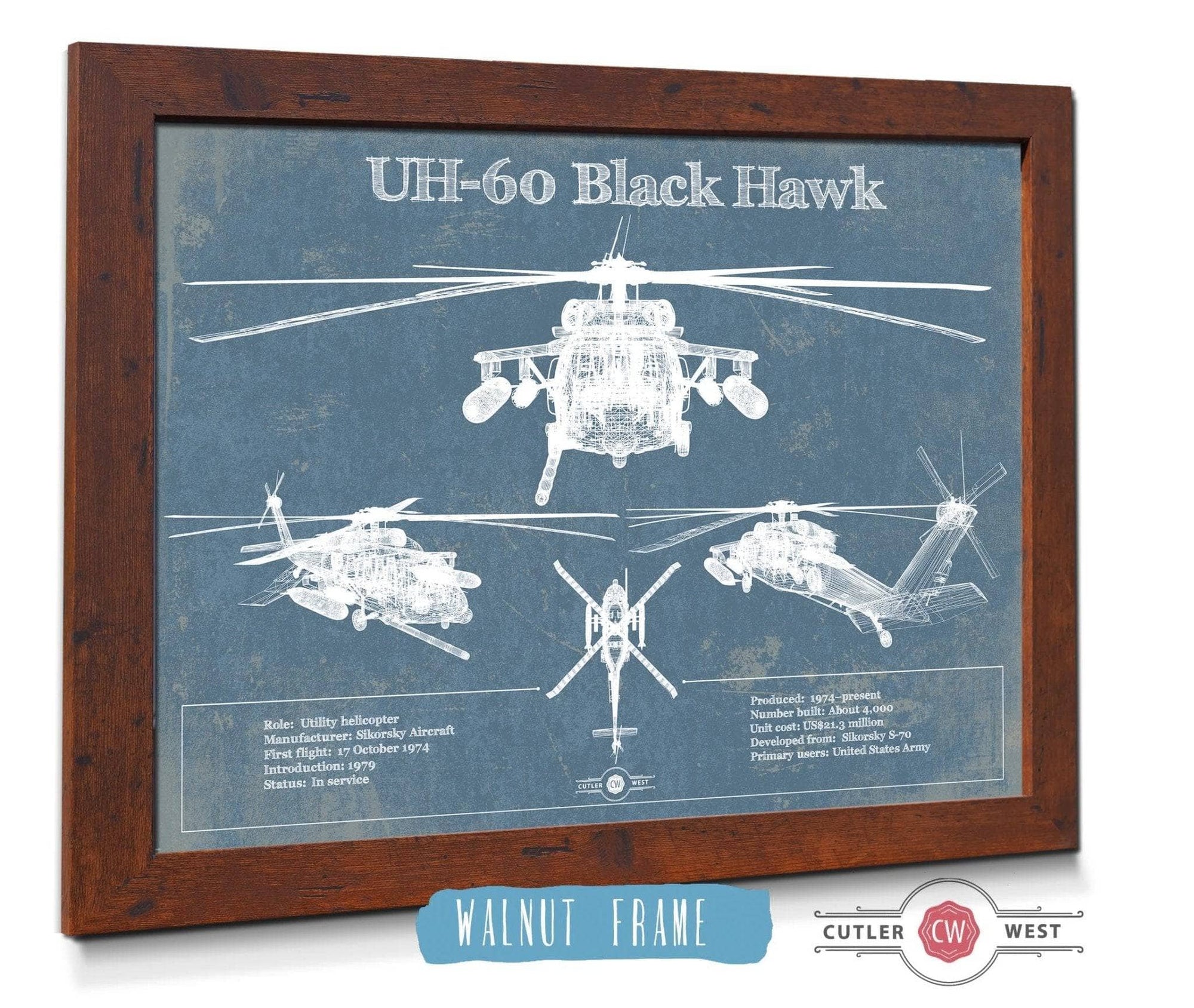 Cutler West Military Aircraft UH-60 Blackhawk Helicopter Vintage Aviation Blueprint Military Print