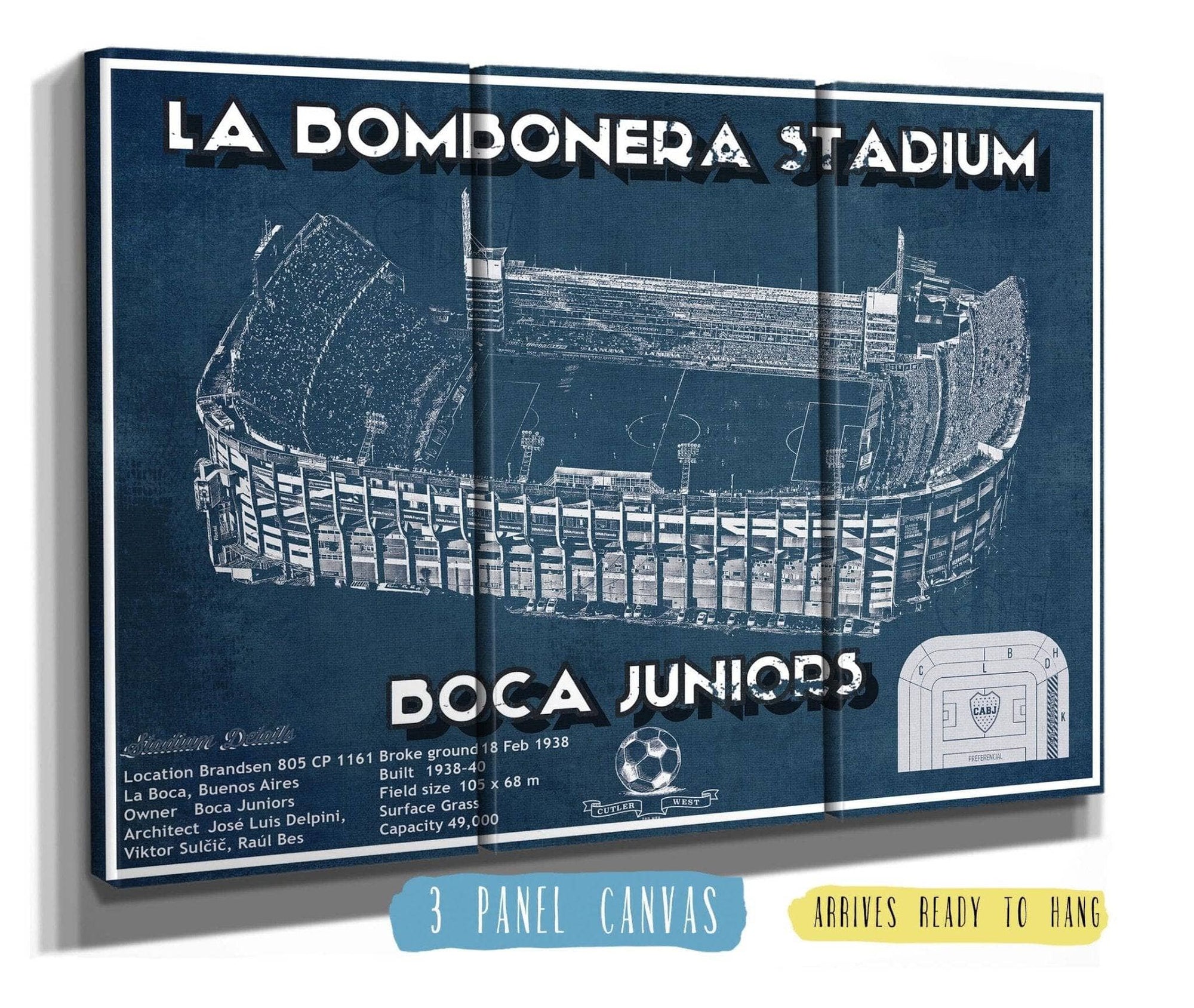 Cutler West Soccer Collection 48" x 32" / 3 Panel Canvas Wrap Boca Juniors F.C La Bombonera Stadium Soccer Print 2 734227953-TOP