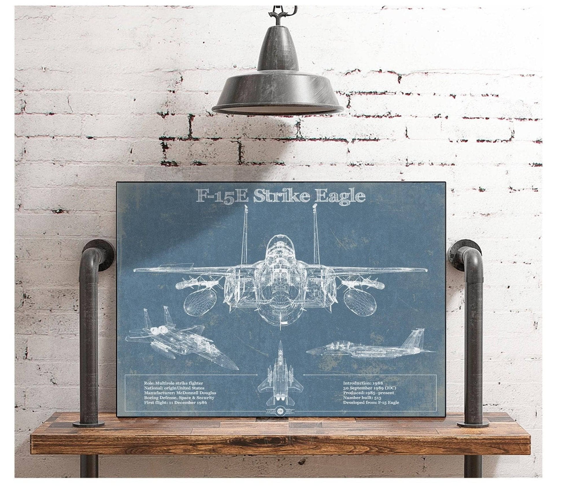 Cutler West Military Aircraft McDonnell Douglas F-15E Strike Eagle Vintage Aviation Blueprint Military Print - Custom Name and Squadron Text