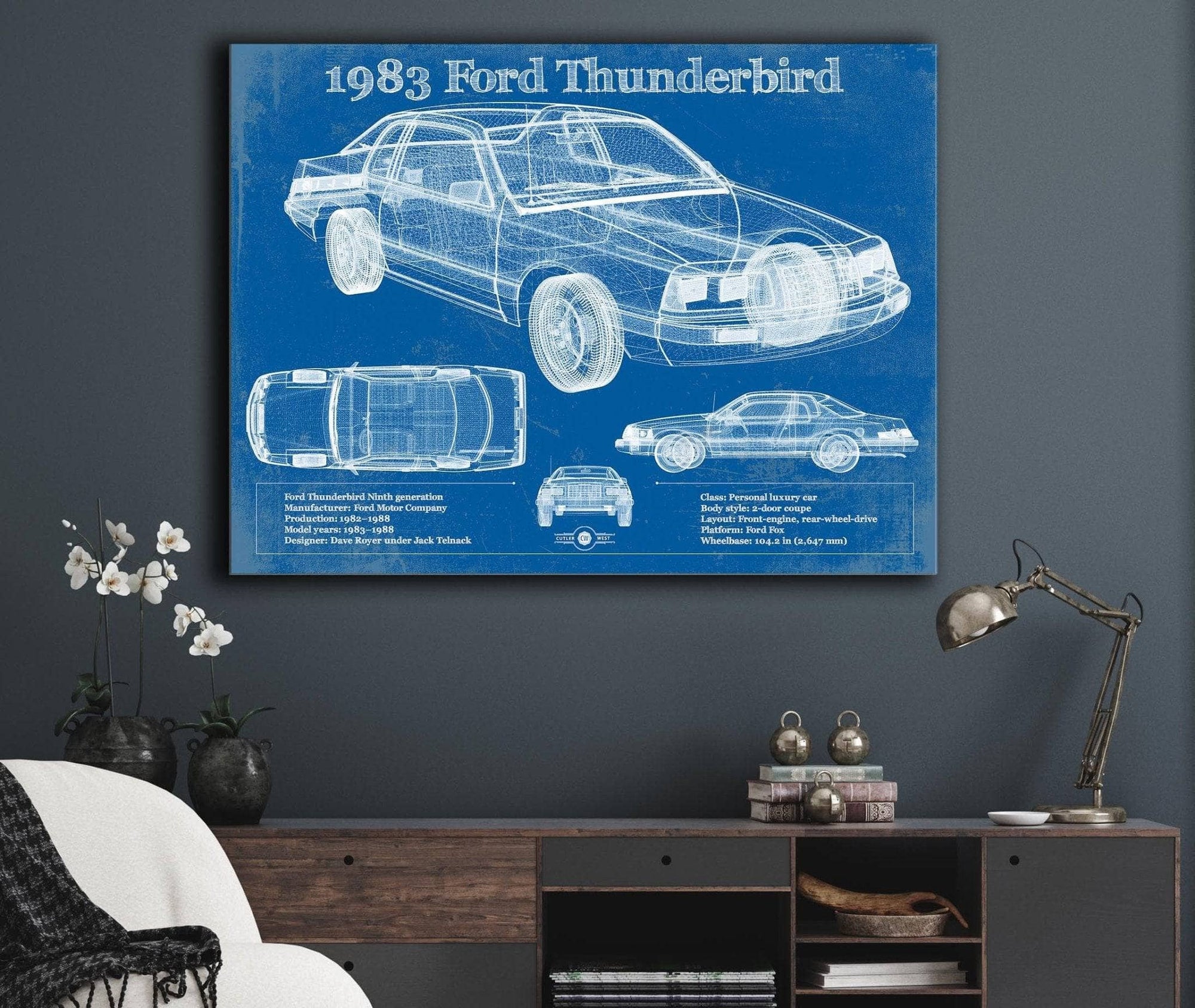 Cutler West Ford Collection 1983 Ford Thunderbird Vintage Blueprint Auto Print