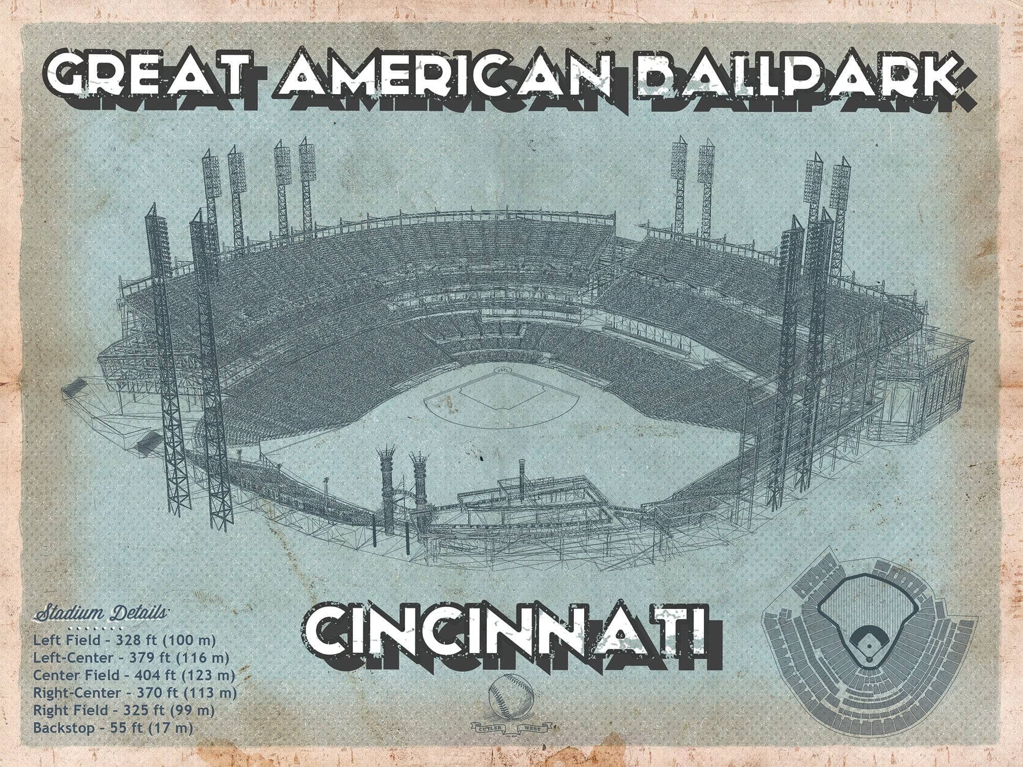 Cutler West Baseball Collection 14" x 11" / Unframed Cincinnati Reds Great American Ballpark Seating Chart - Vintage Baseball Fan Print 694504919-TOP