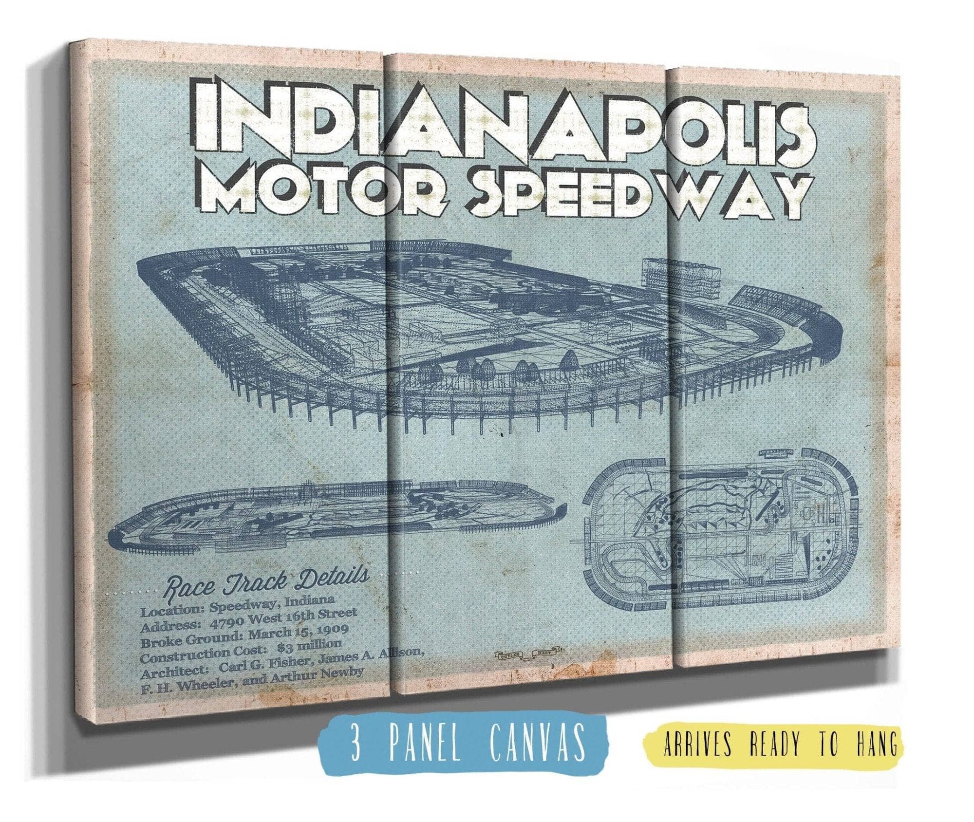 Cutler West Racetrack Collection 48" x 32" / 3 Panel Canvas Wrap Indianapolis Motor Speedway Blueprint NASCAR Race Track Print 791390704-TOP