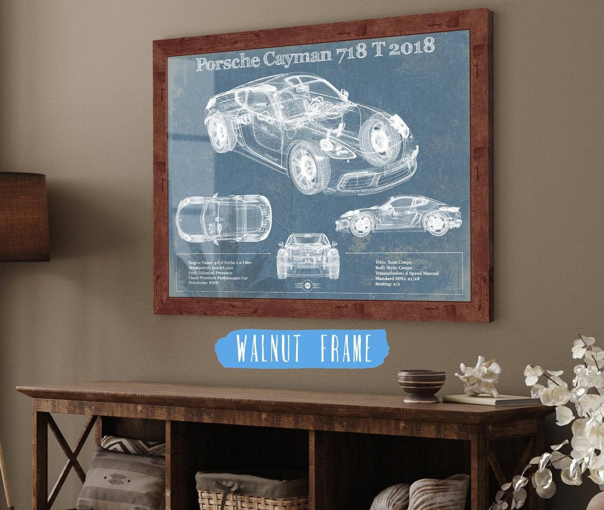 Cutler West Porsche Collection Porsche Cayman 718 T 2018 Vintage Blueprint Auto Print