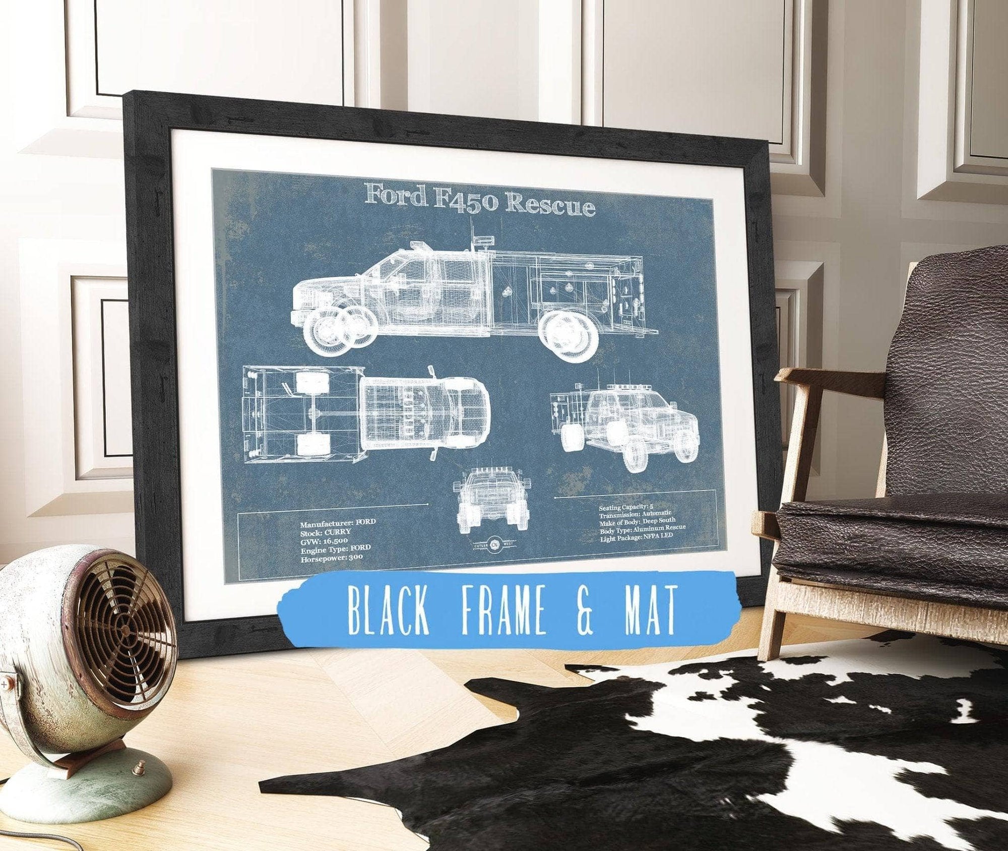 Cutler West Ford Collection 14" x 11" / Black Frame & Mat Ford F450 Rescue Vehicle Vintage Blueprint Auto Print 933311032_54943