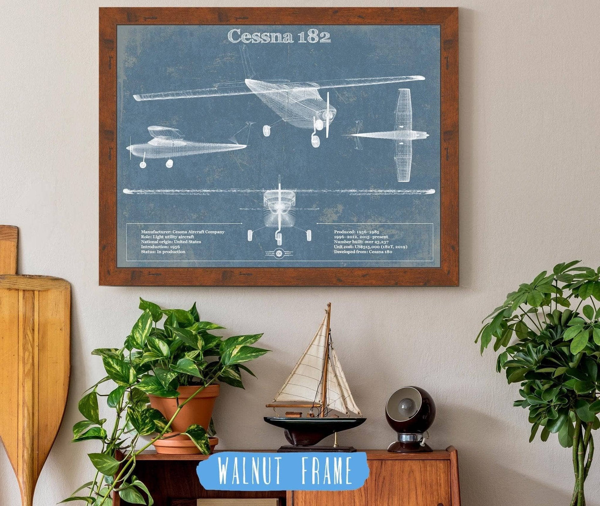 Cutler West Cessna Collection 14" x 11" / Walnut Frame Cessna 182 Original Blueprint Art 833110103-TOP