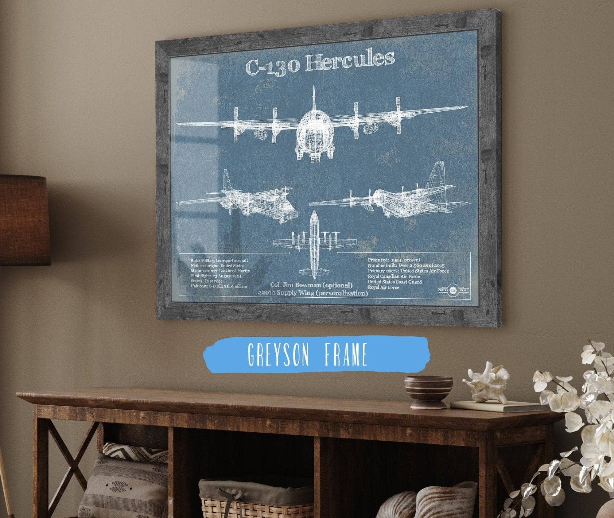 Cutler West Best Selling Collection C-130 Hercules Aviation Blueprint Military Print - Custom Name and Squadron Text