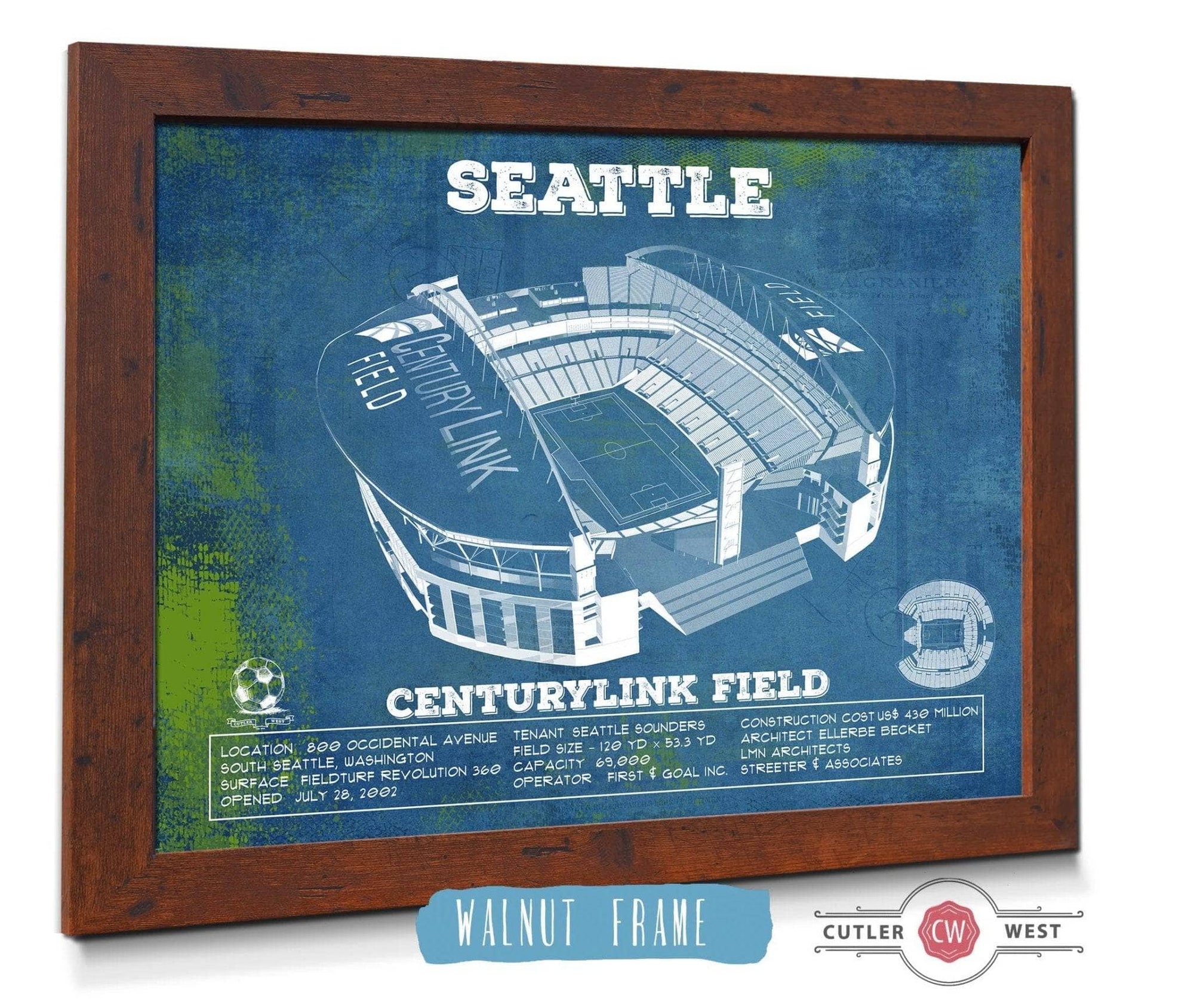 Cutler West Soccer Collection 14" x 11" / Walnut Frame Seattle Sounders F.C. - Vintage Century Link Field MLS Soccer Print 933311168_29139
