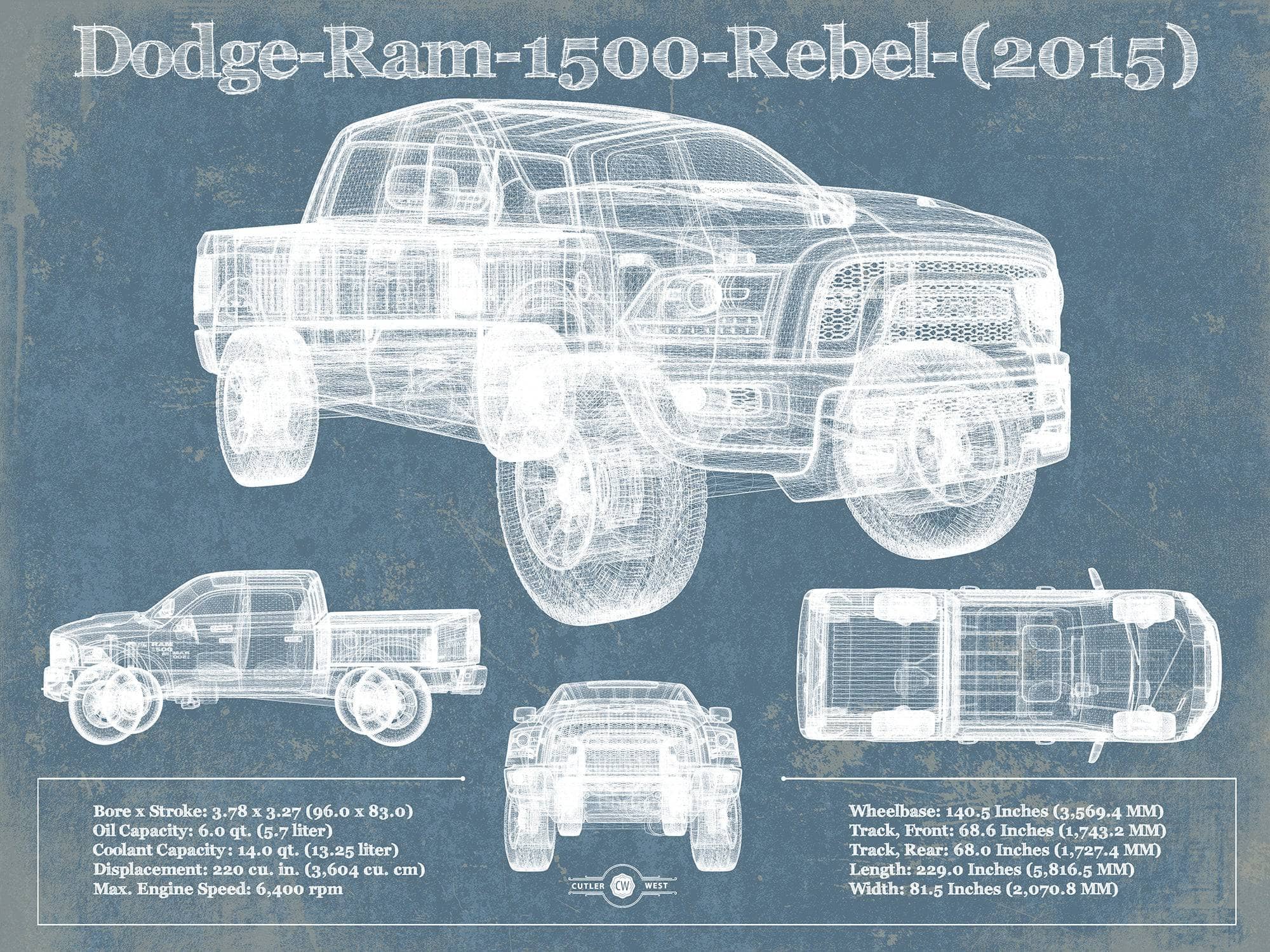 Cutler West Dodge Collection 14" x 11" / Unframed Dodge Ram 1500 Rebel (2015) Vintage Blueprint Auto Print 833110096_58571