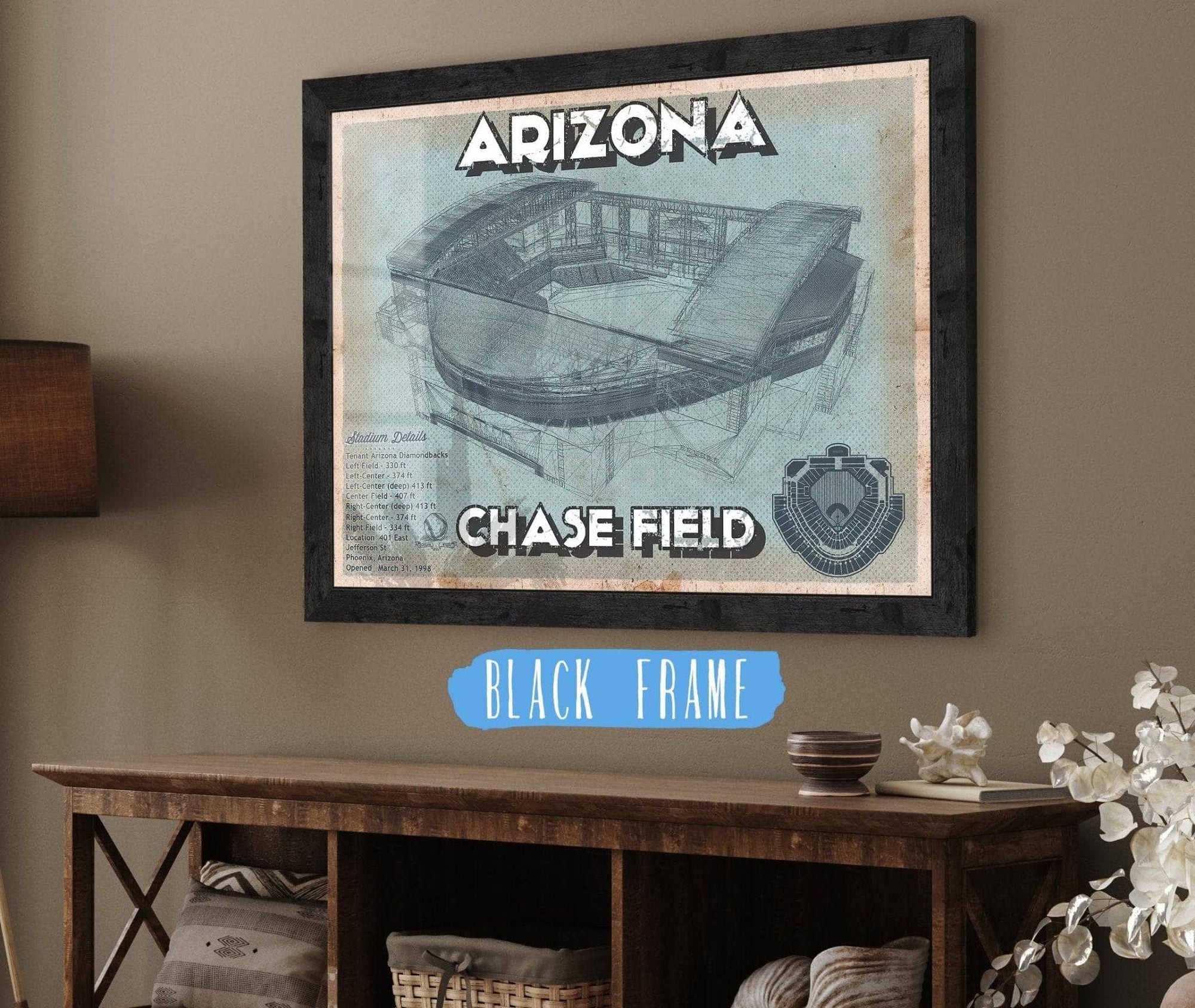 Cutler West Baseball Collection 14" x 11" / Black Frame Arizona Diamondbacks - Chase Field Vintage Baseball Fan Print 698673278_43392