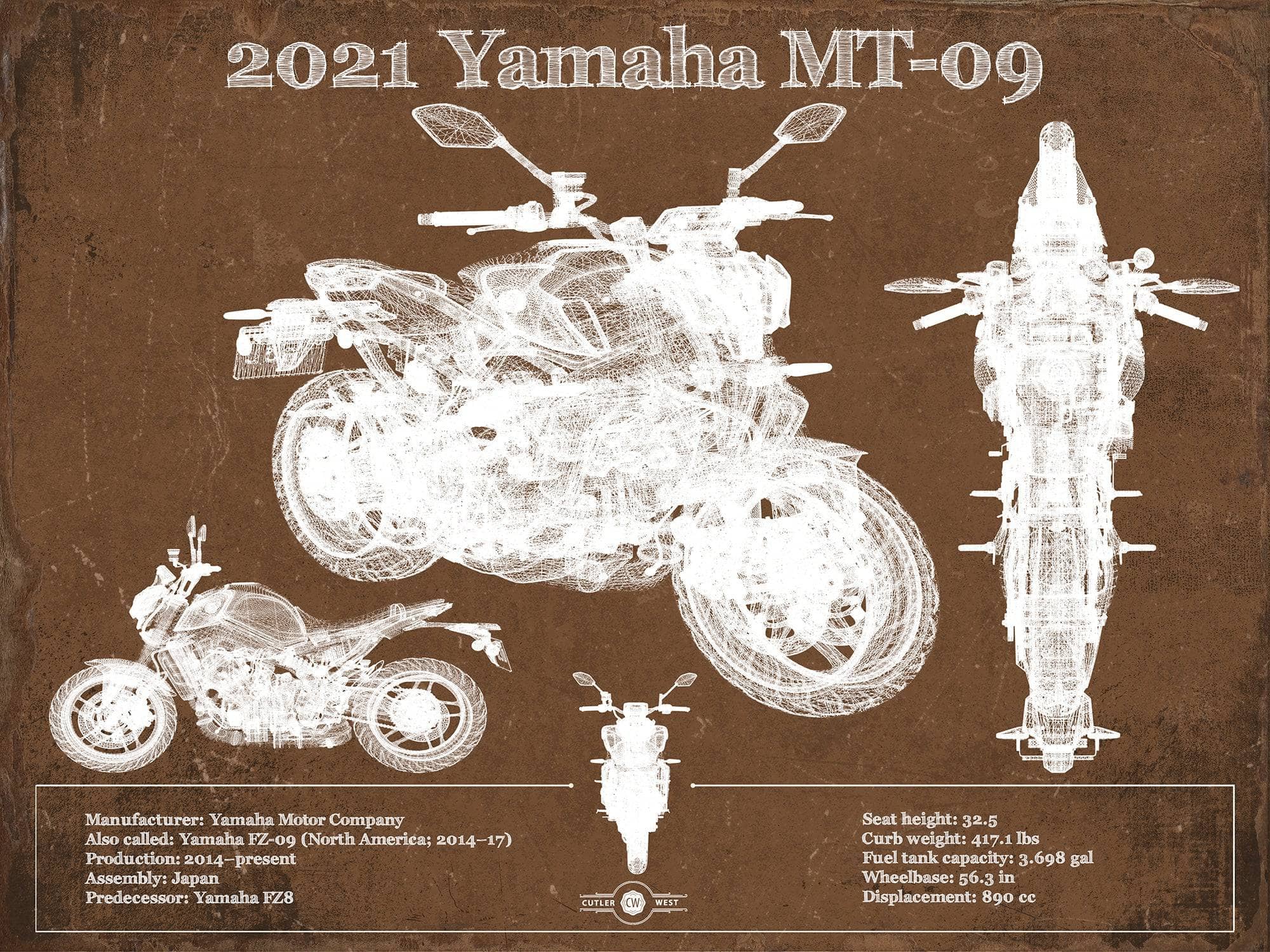 Cutler West 14" x 11" / Unframed 2021 Yamaha Mt 09 Vintage Blueprint Auto Print 933311146_37319