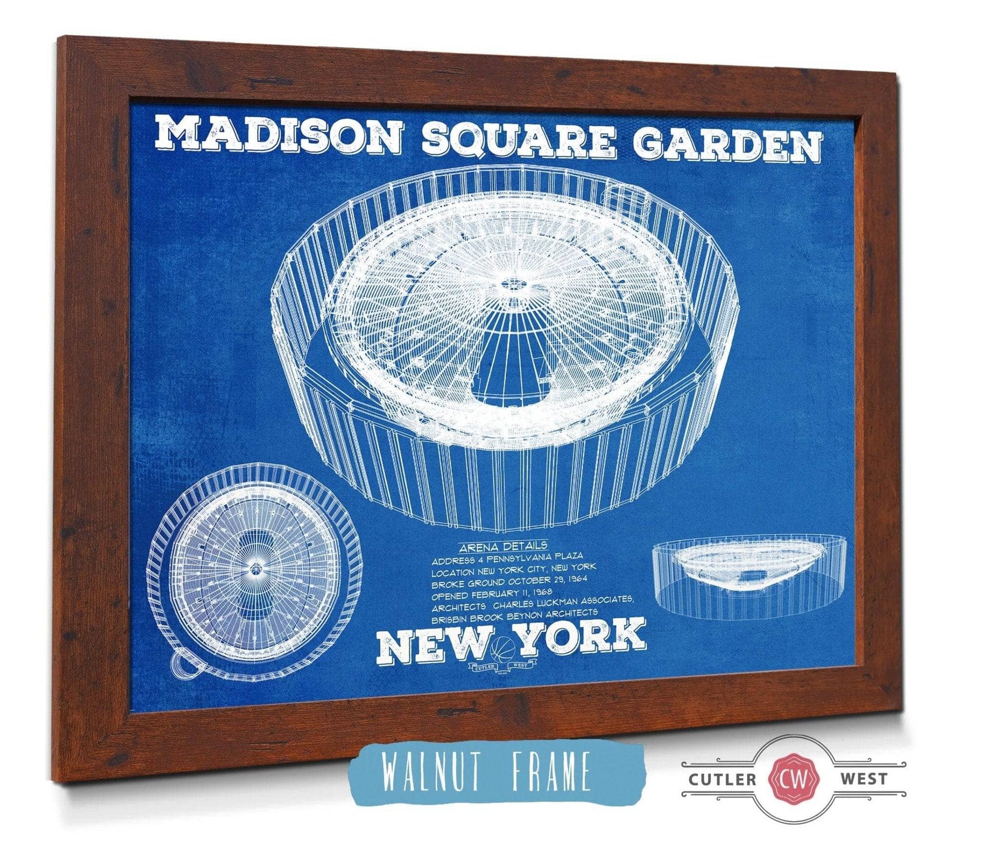 Cutler West Basketball Collection 14" x 11" / Walnut Frame New York Knicks - Madison Square Garden Vintage Blueprint  NBA Basketball NBA  Team Color Print 723007842_64579