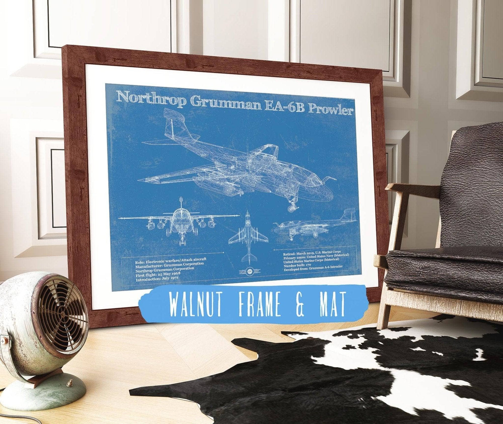 Cutler West Military Aircraft 14" x 11" / Walnut Frame & Mat Northrop Grumman EA-6B Prowler Patent Blueprint Original Military Wall Art 933311027_15438