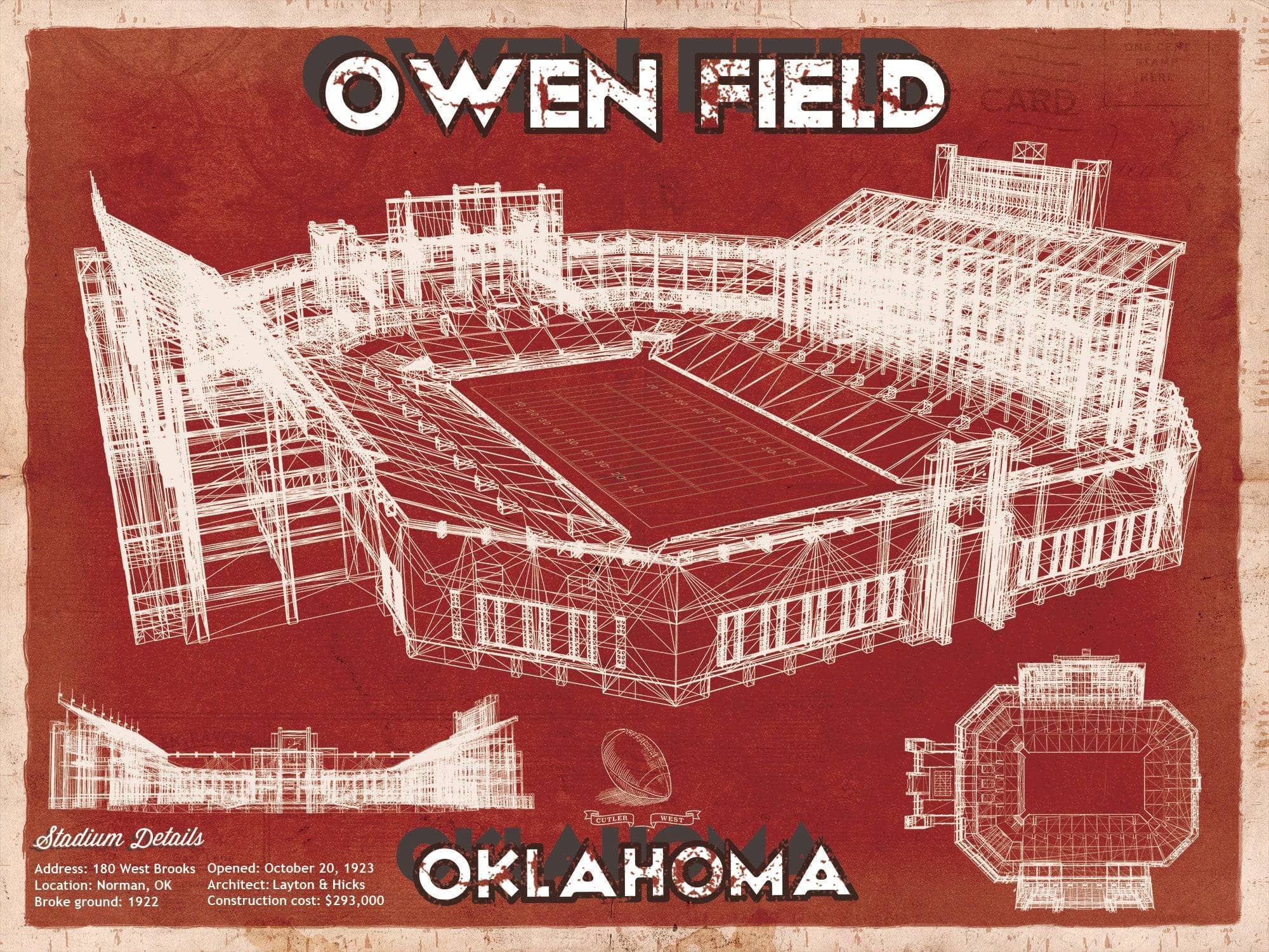Cutler West College Football Collection 14" x 11" / Unframed Oklahoma Sooners Football - Gaylord Family Oklahoma Memorial Vintage Stadium Blueprint Art Print 640140800-TOP_70097