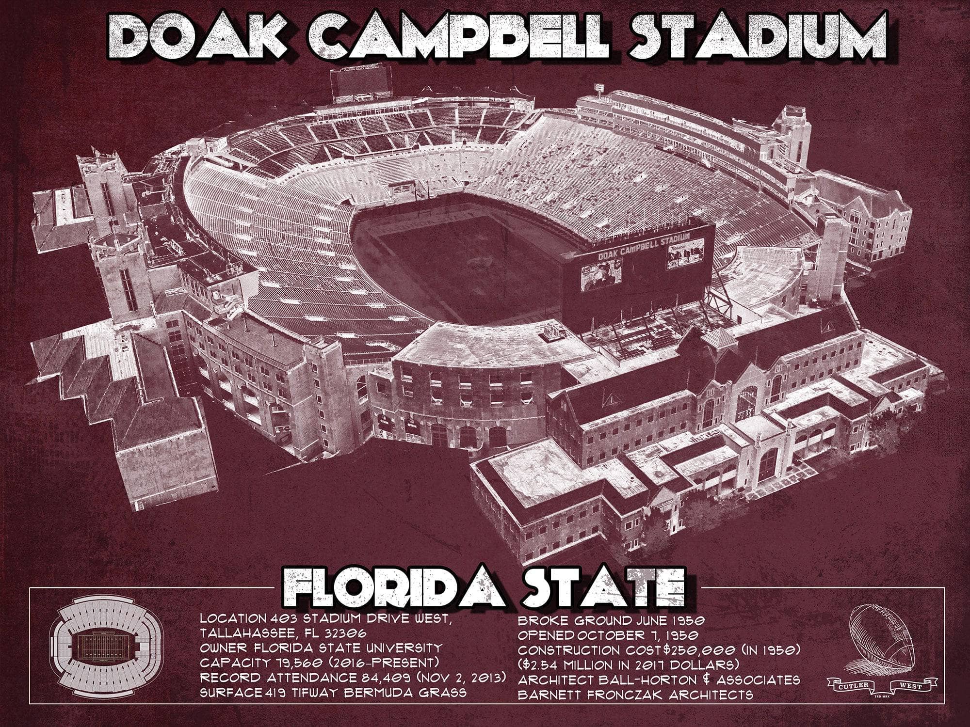 Cutler West College Football Collection 14" x 11" / Unframed Florida State Seminoles - Doak Campbell Stadium Vintage FSU College Football Art Print 704265414_55139
