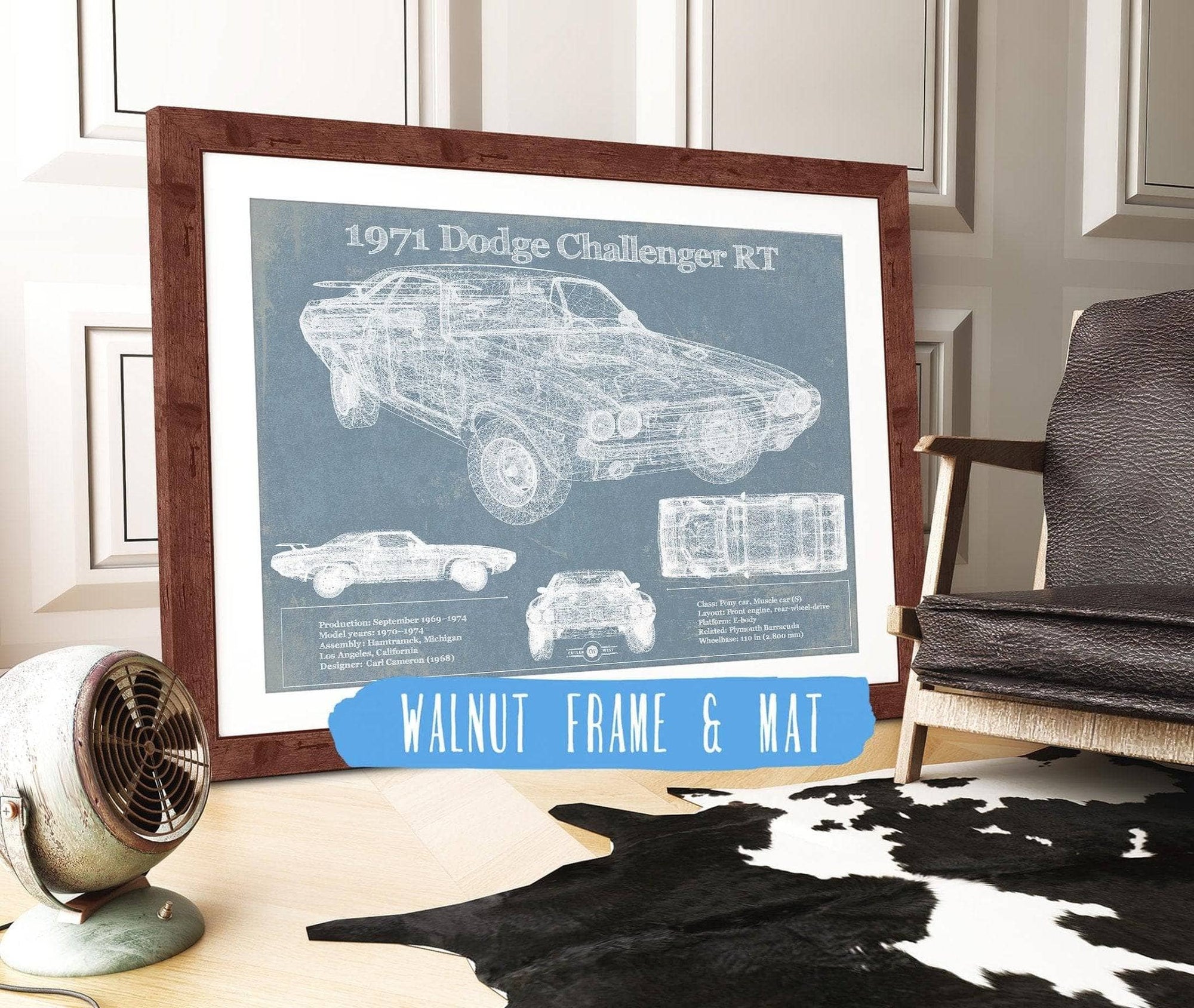 Cutler West Dodge Collection 14" x 11" / Walnut Frame & Mat 1971 Dodge Challenger Rt Car Blueprint Patent Original Art 933311096_19586