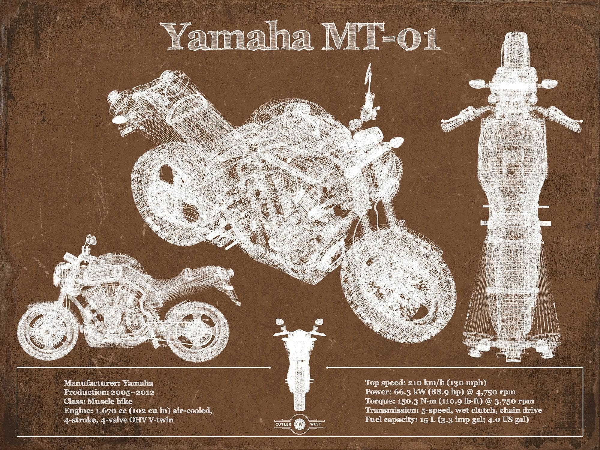 Cutler West 14" x 11" / Unframed Yamaha MT-01 Blueprint Motorcycle Patent Print 933350089-14"-x-11"5011