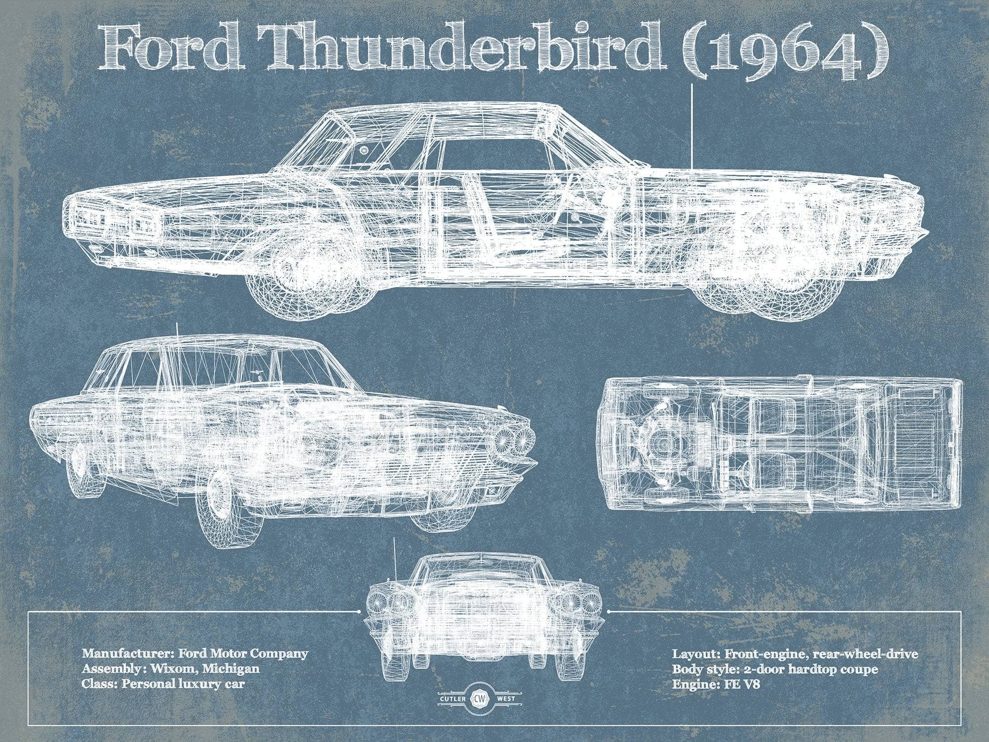 Cutler West Ford Collection 14" x 11" / Unframed Ford Thunderbird (1964) Vintage Blueprint Auto Print 892171567_18328