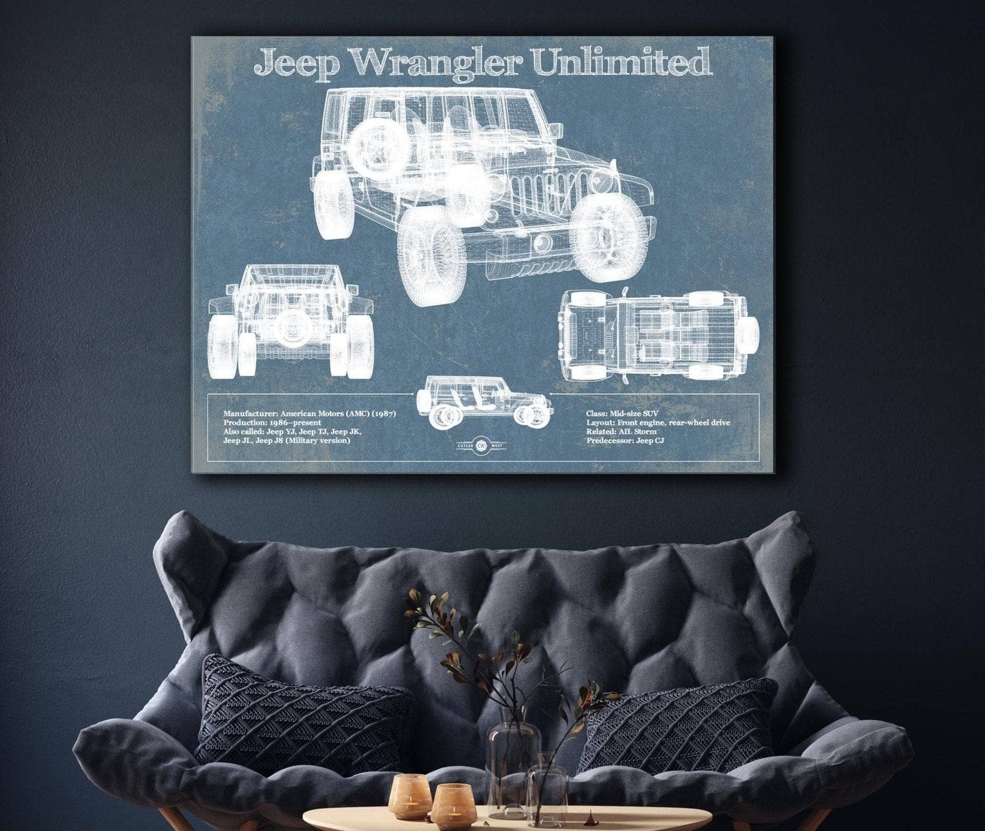 Cutler West Vehicle Collection Jeep Wrangler Unlimited Vintage Blueprint Auto Print