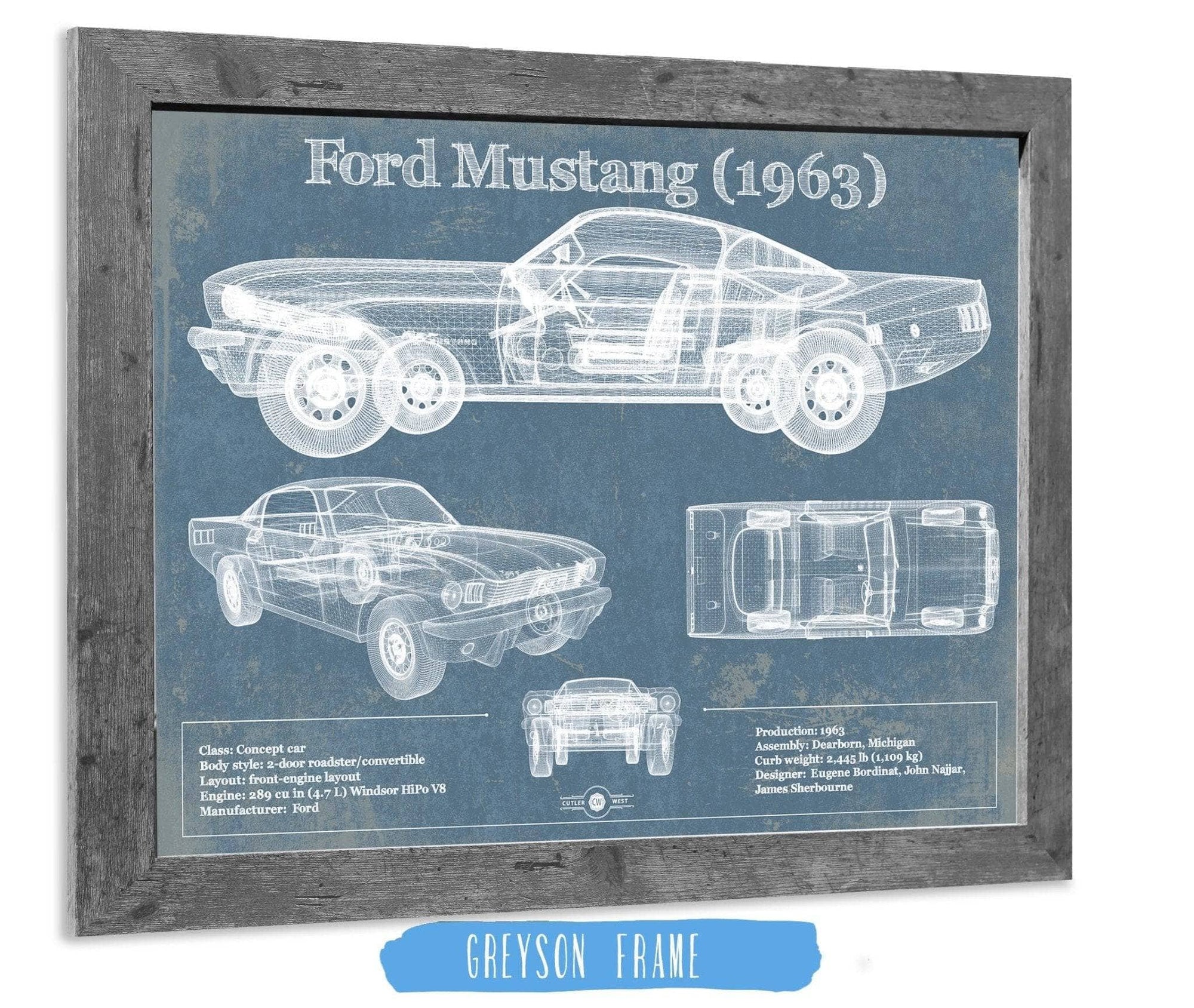 Cutler West Ford Collection 14" x 11" / Greyson Frame Ford Mustang 1963 Original Blueprint Art 870268486-TOP
