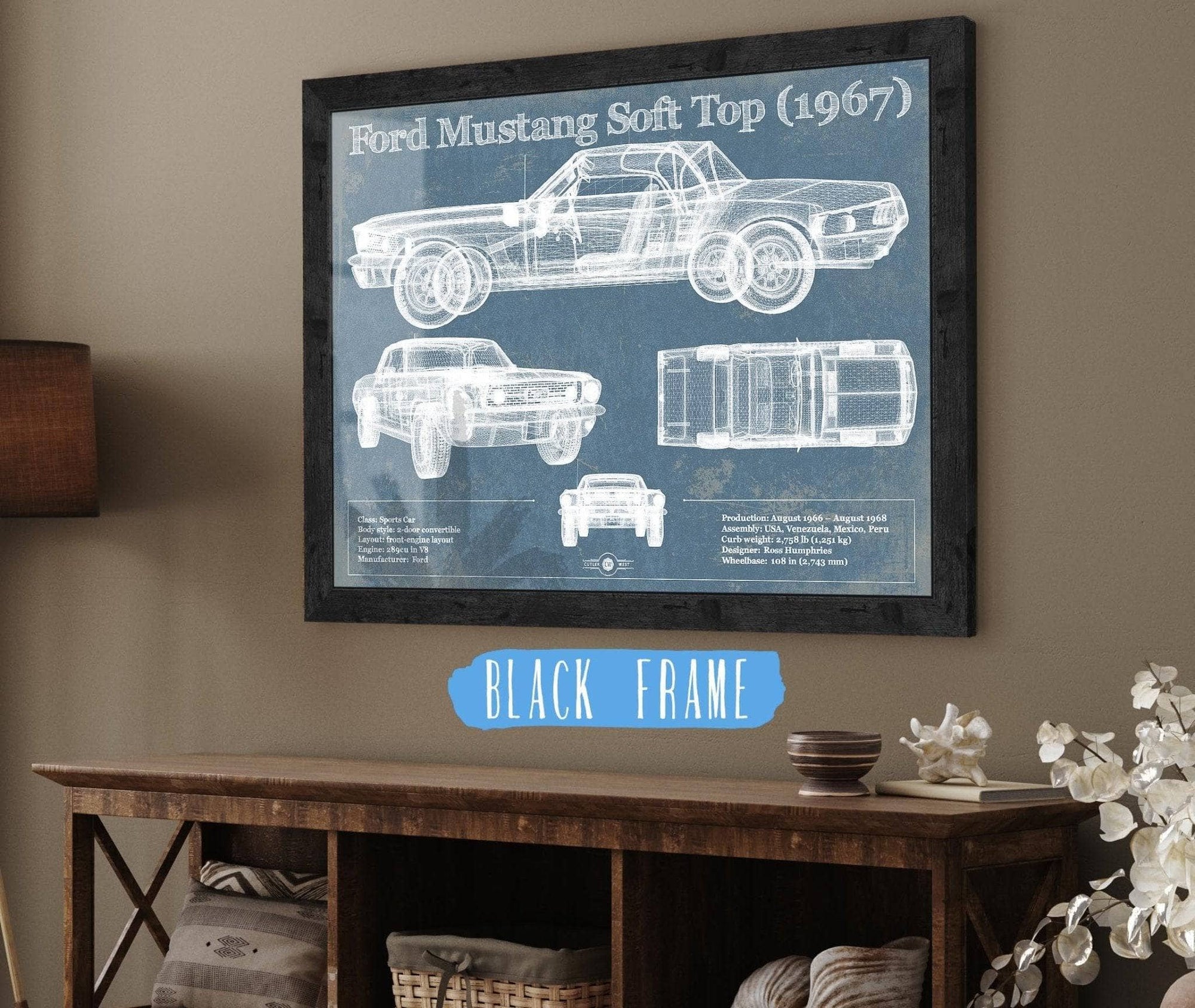 Cutler West Ford Collection 14" x 11" / Black Frame Ford Mustang Soft Top/Convertible 1967 Original Blueprint Art 887028999_20309