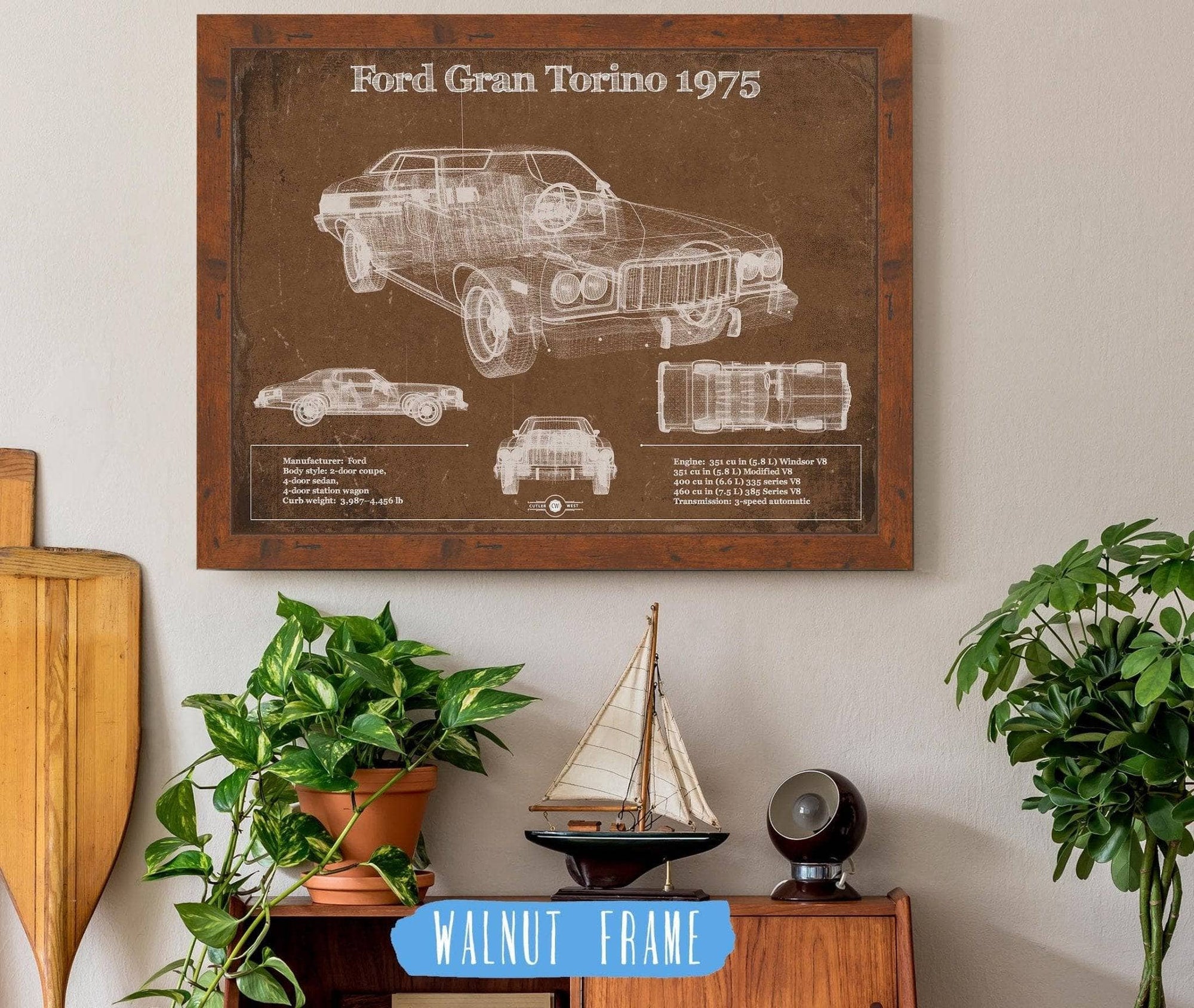 Cutler West Ford Collection 14" x 11" / Walnut Frame Ford Gran Torino 1975 Blueprint Vintage Auto Print 933350038_54812