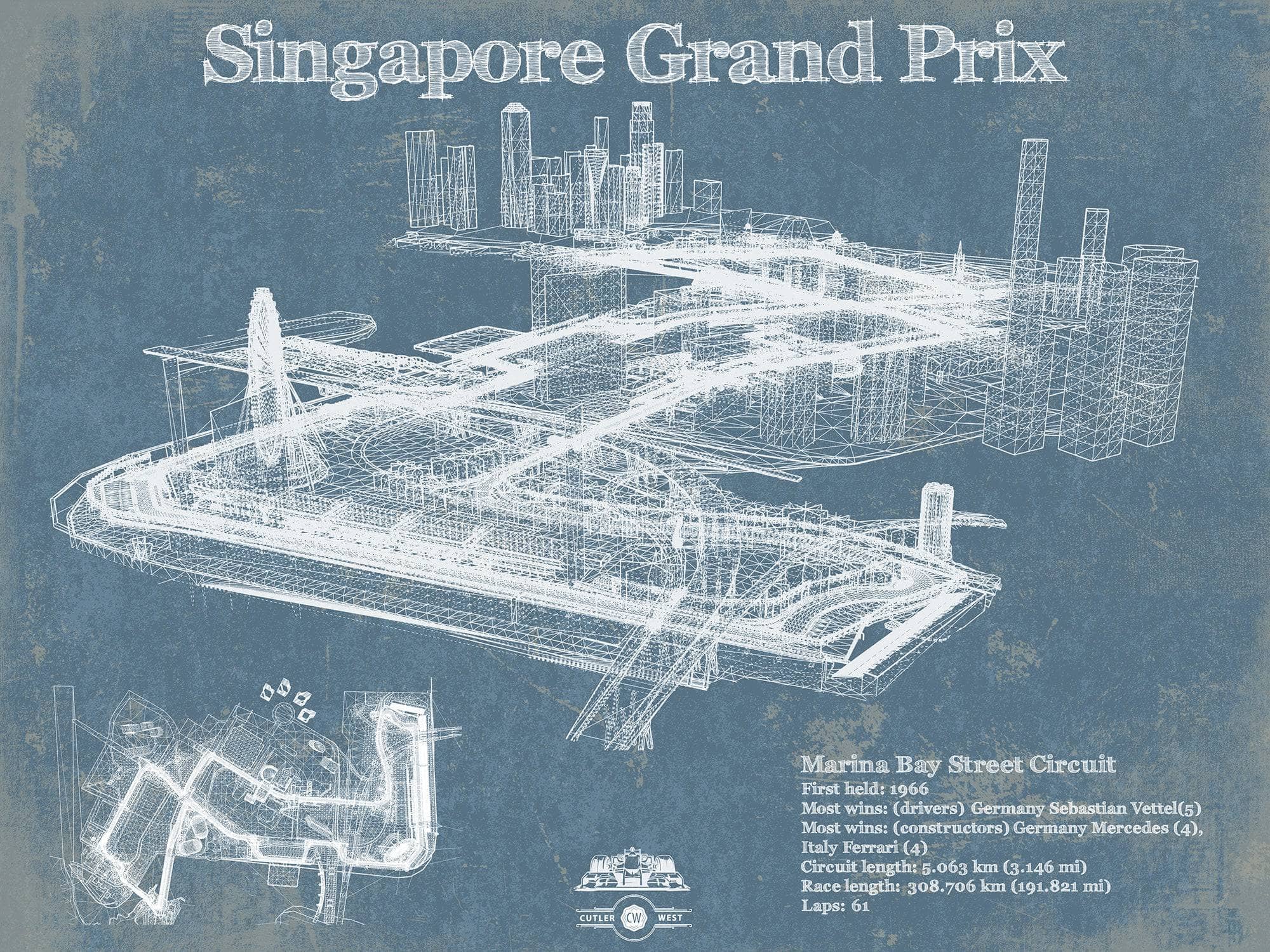 Cutler West Racetrack Collection 14" x 11" / Unframed Singapore Grand Prix Blueprint Race Track Print 806346707_28476