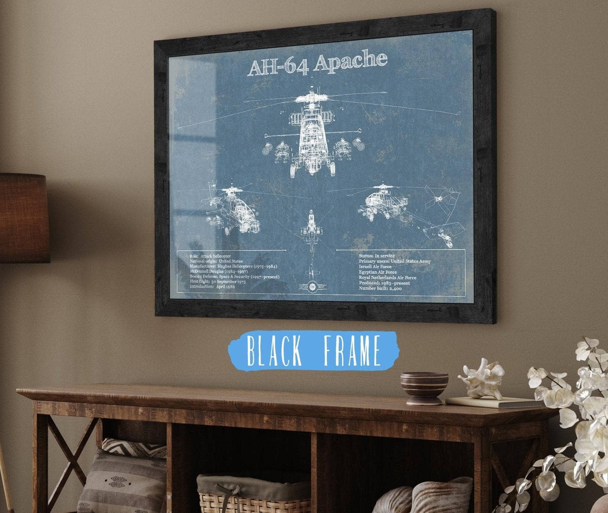 Cutler West Best Selling Collection 14" x 11" / Black Frame AH-64 Apache Helicopter Vintage Aviation Blueprint Military Print 797415875-TOP