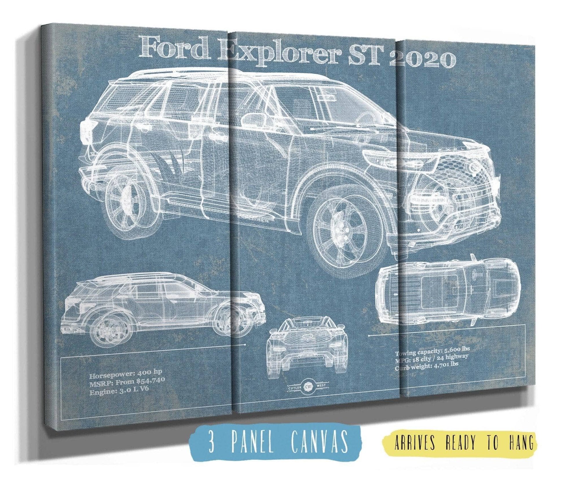 Cutler West Ford Collection 48" x 32" / 3 Panel Canvas Wrap Ford Explorer ST 2020 Vintage Blueprint Auto Print 845000214_60007
