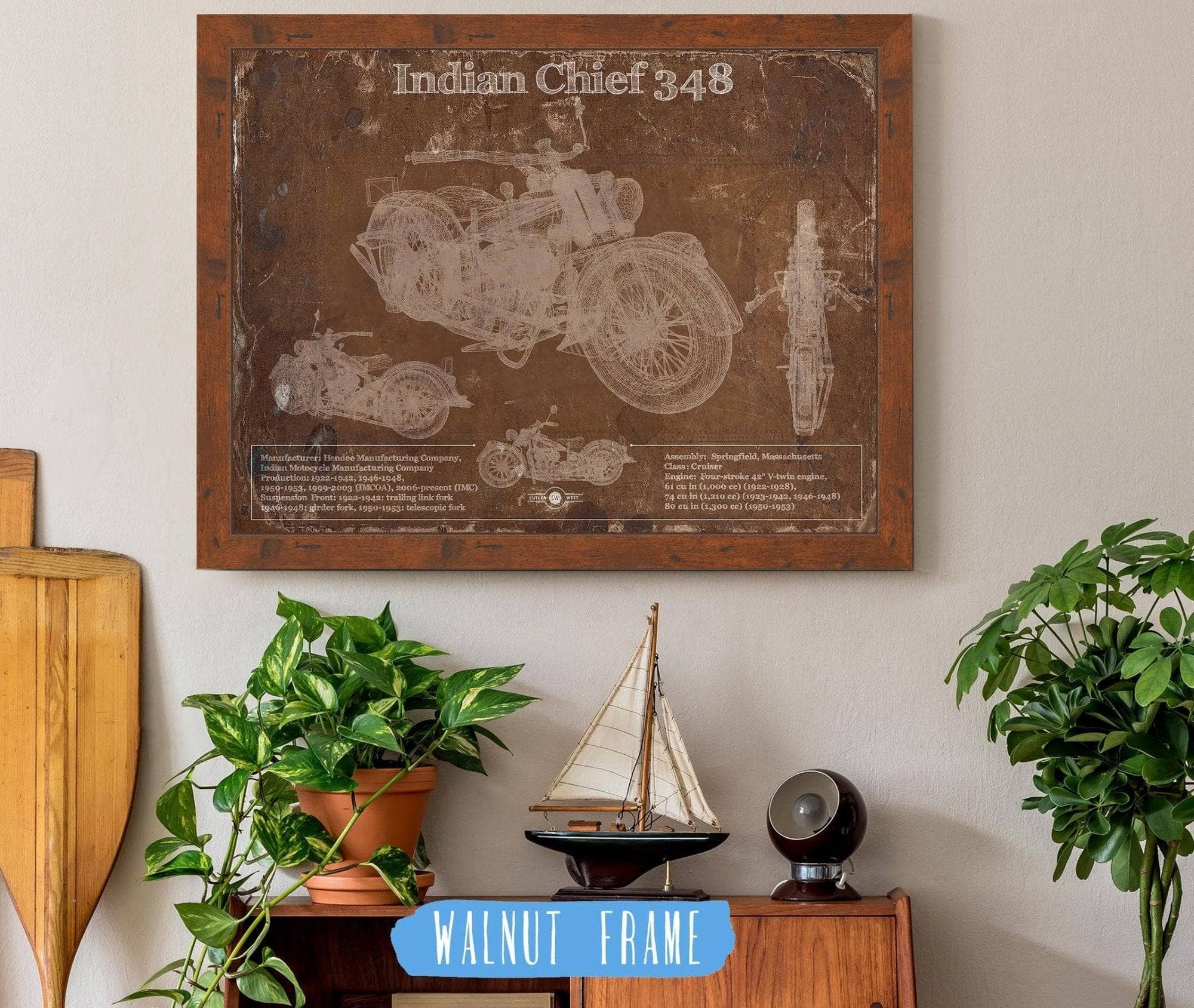 Cutler West 14" x 11" / Walnut Frame Indian Chief 348 Brown Background Vintage Original Motorcycle Blueprint 835000023_59300